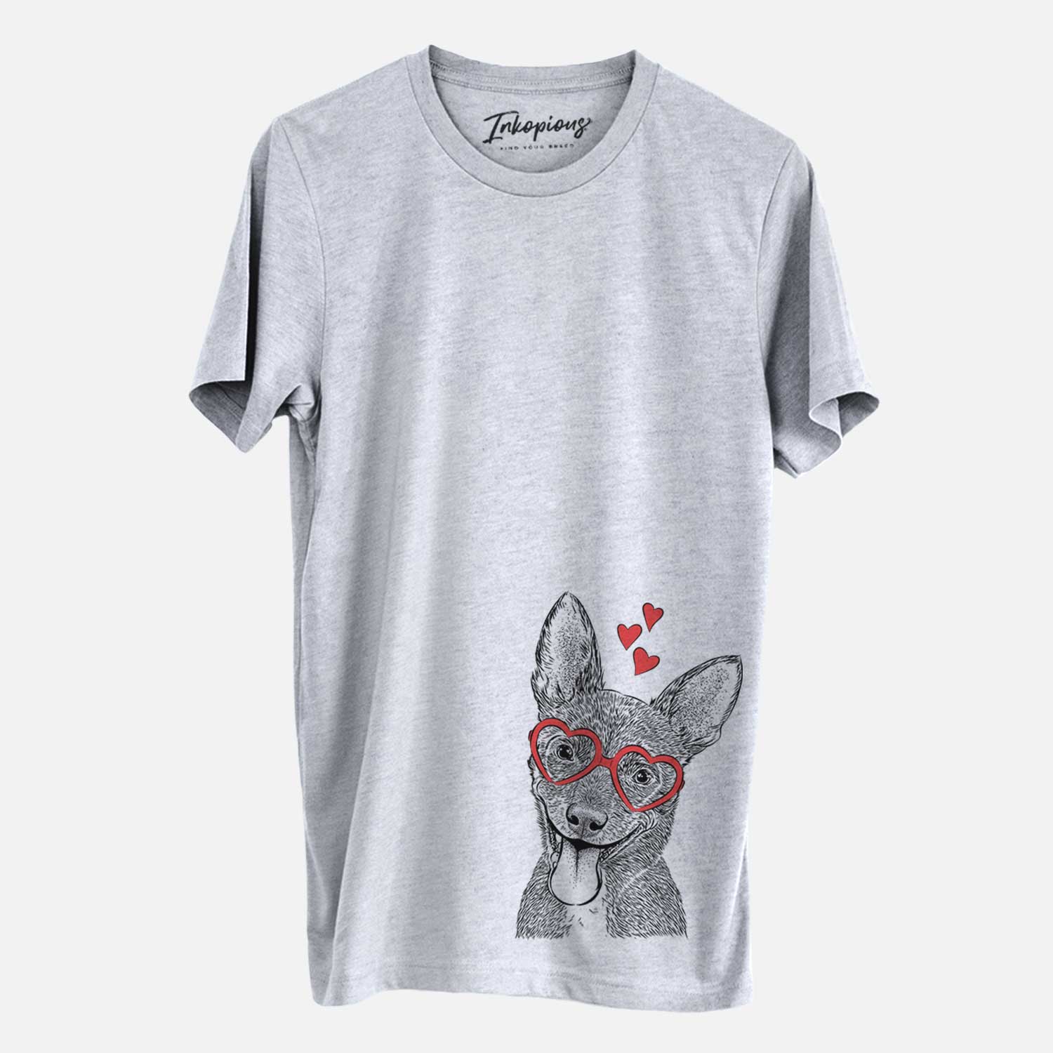Hand-drawn sketch of Elvira the Terrier Mix wearing heart-shaped glasses on a Grey Unisex crewneck