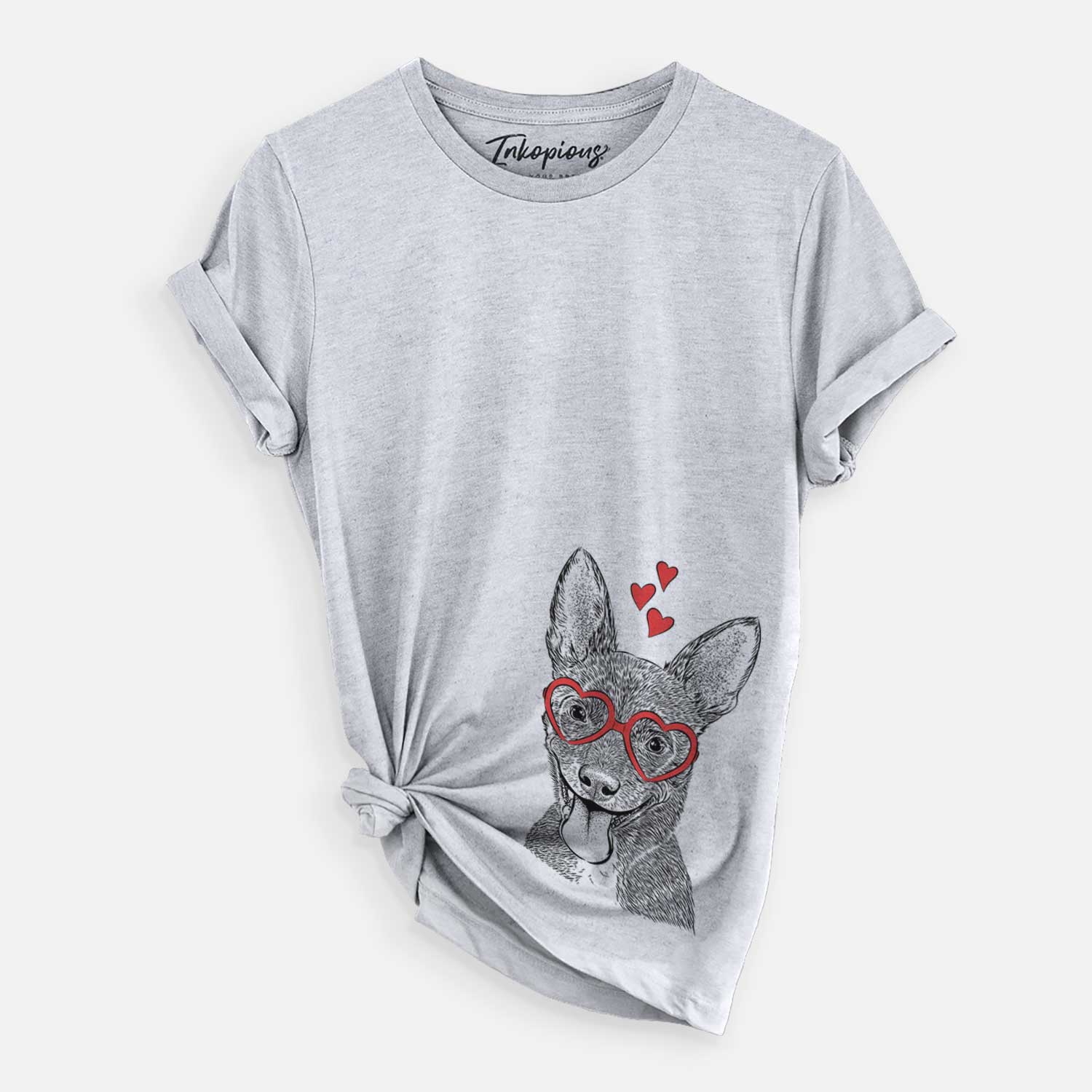 Hand-drawn sketch of Elvira the Terrier Mix wearing heart-shaped glasses on a Grey Unisex crewneck