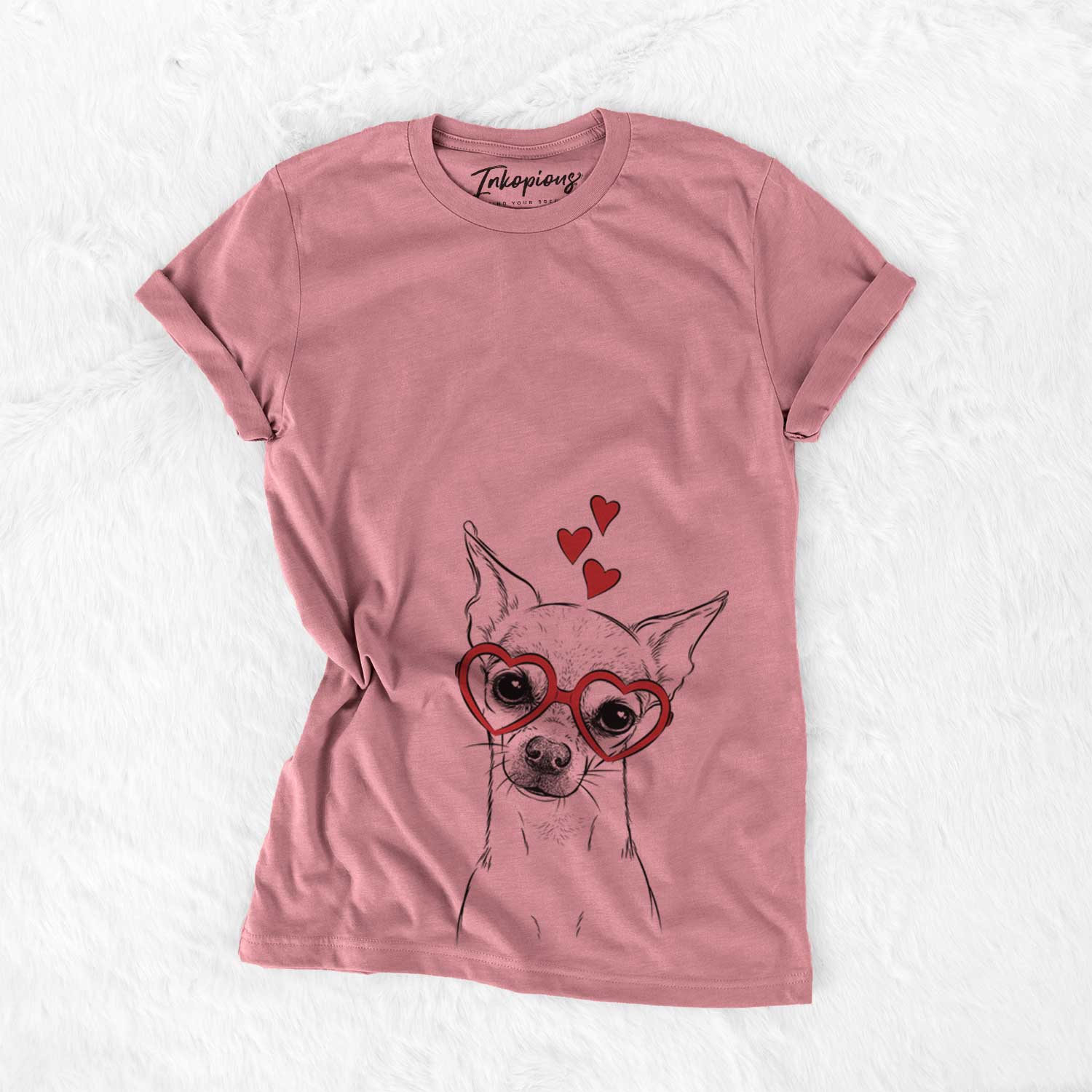 Hand-drawn sketch of Emee the Chihuahua wearing heart-shaped glasses on a Mauve Bella Canvas Unisex Crewneck