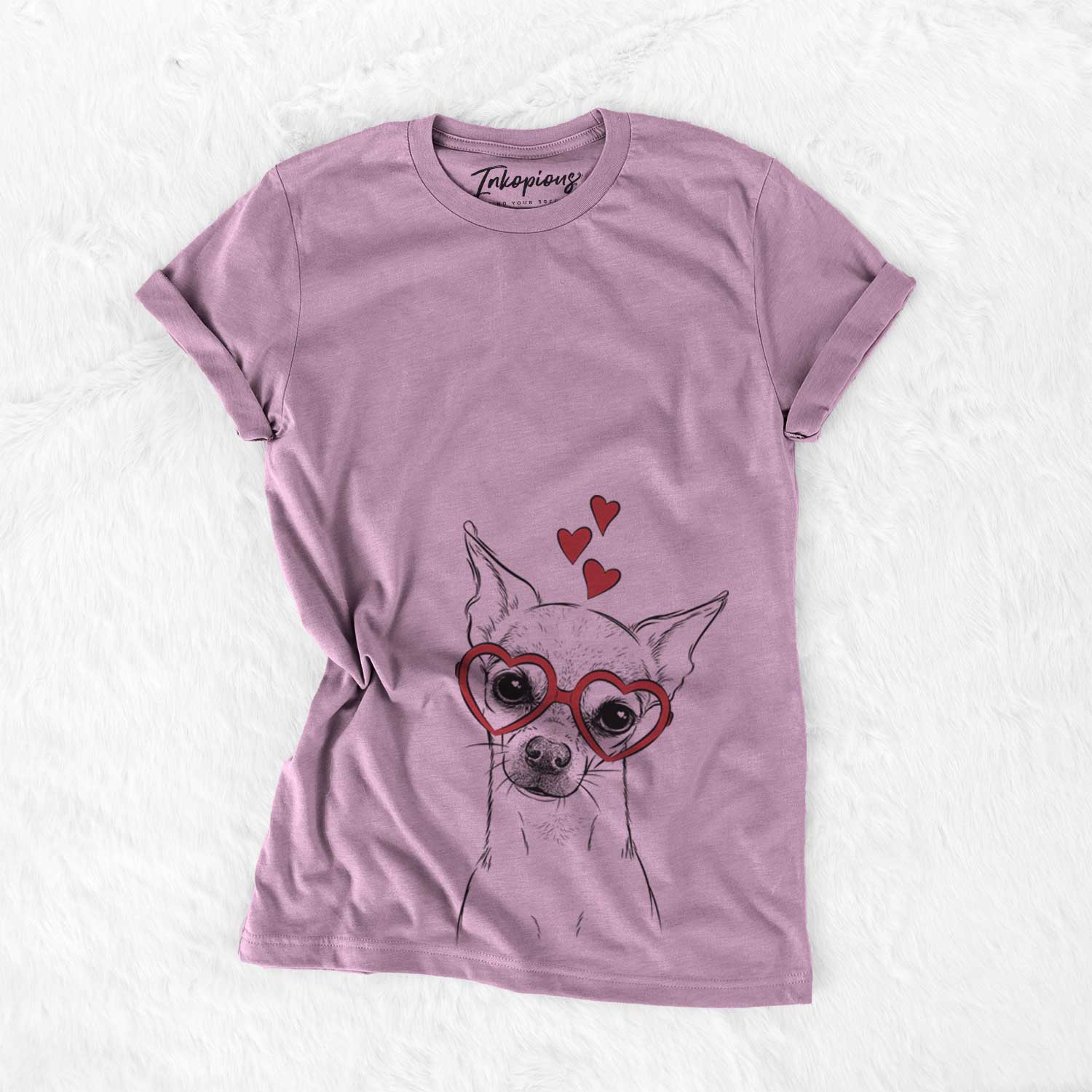 Hand-drawn sketch of Emee the Chihuahua wearing heart-shaped glasses on an Orchid Bella Canvas Unisex Crewneck