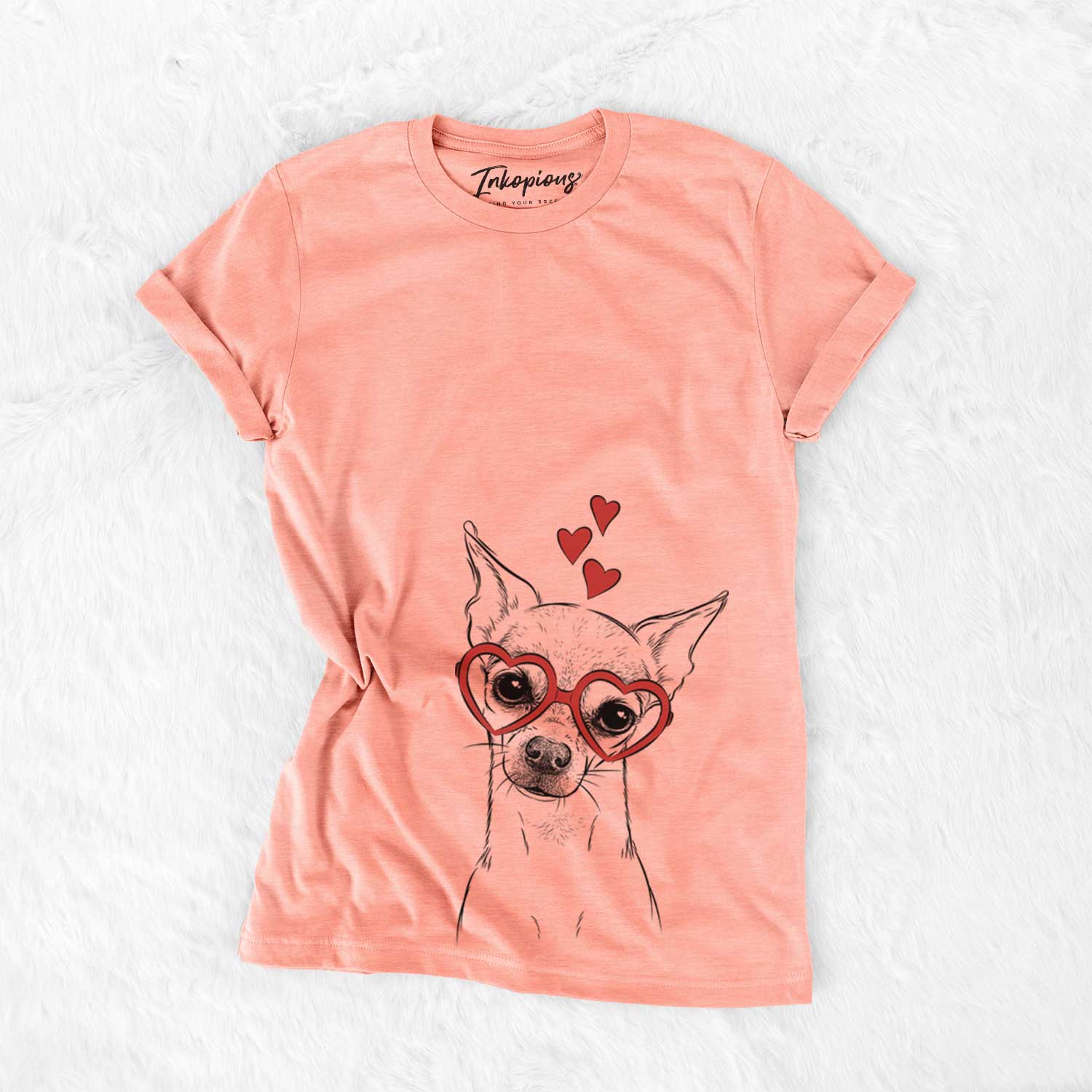 Hand-drawn sketch of Emee the Chihuahua wearing heart-shaped glasses on a Sunset Bella Canvas Unisex Crewneck
