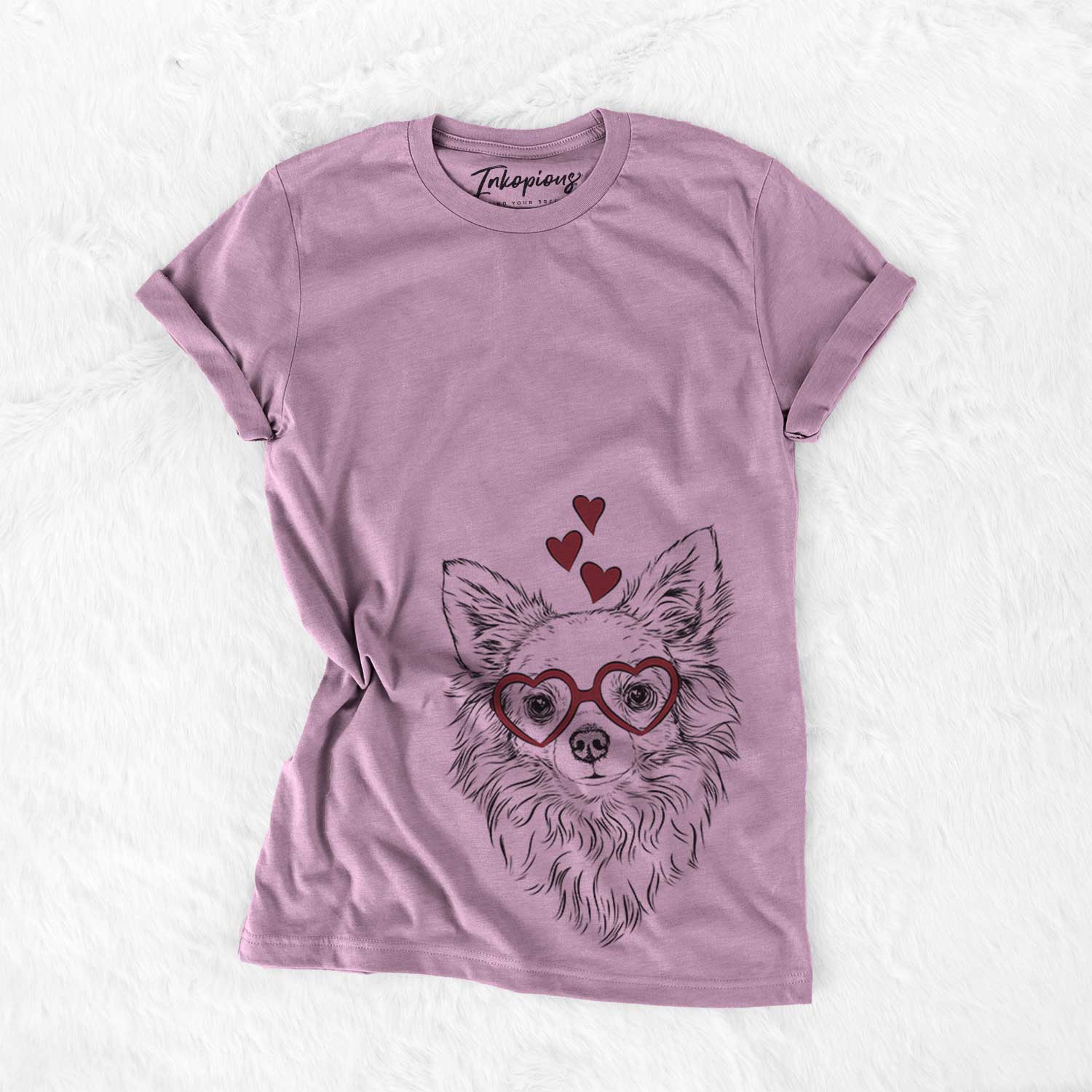 Hand-drawn sketch of Emma the Longhaired Chihuahua wearing heart-shaped glasses on an Orchid Bella Canvas Unisex Crewneck