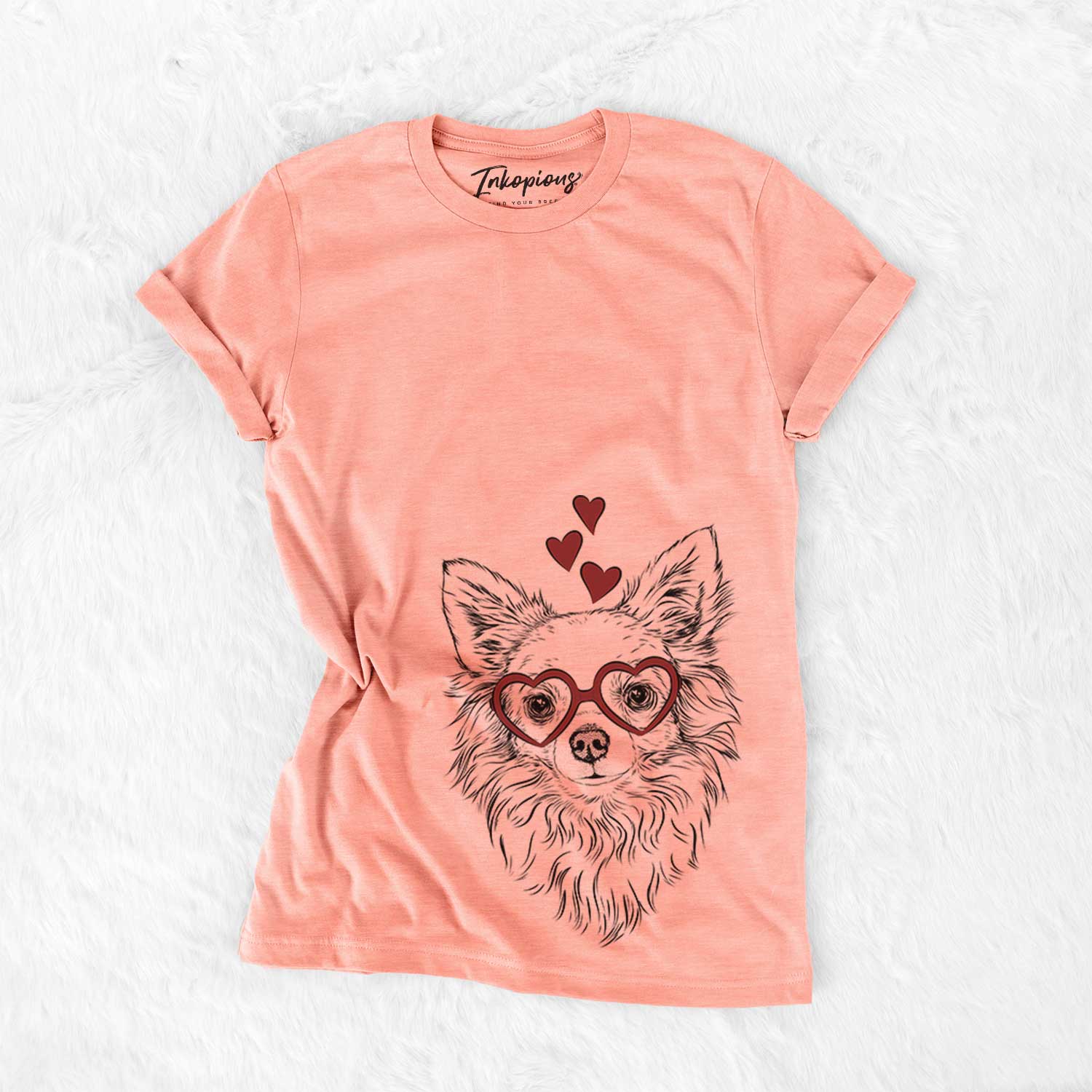 Hand-drawn sketch of Emma the Longhaired Chihuahua wearing heart-shaped glasses on a Sunset Bella Canvas Unisex Crewneck