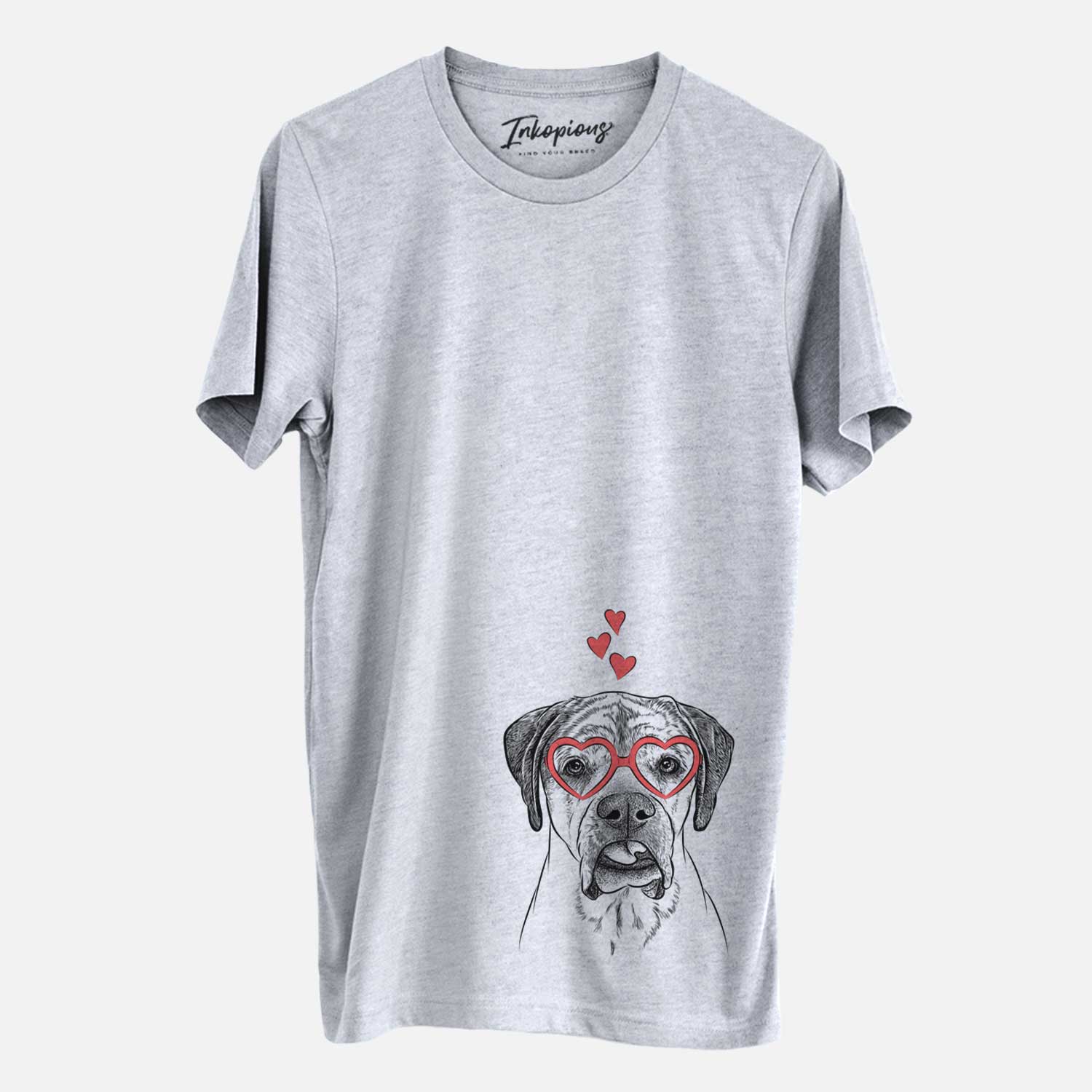 Hand-drawn sketch of Emma the English Mastiff wearing heart-shaped glasses on a Grey Unisex crewneck