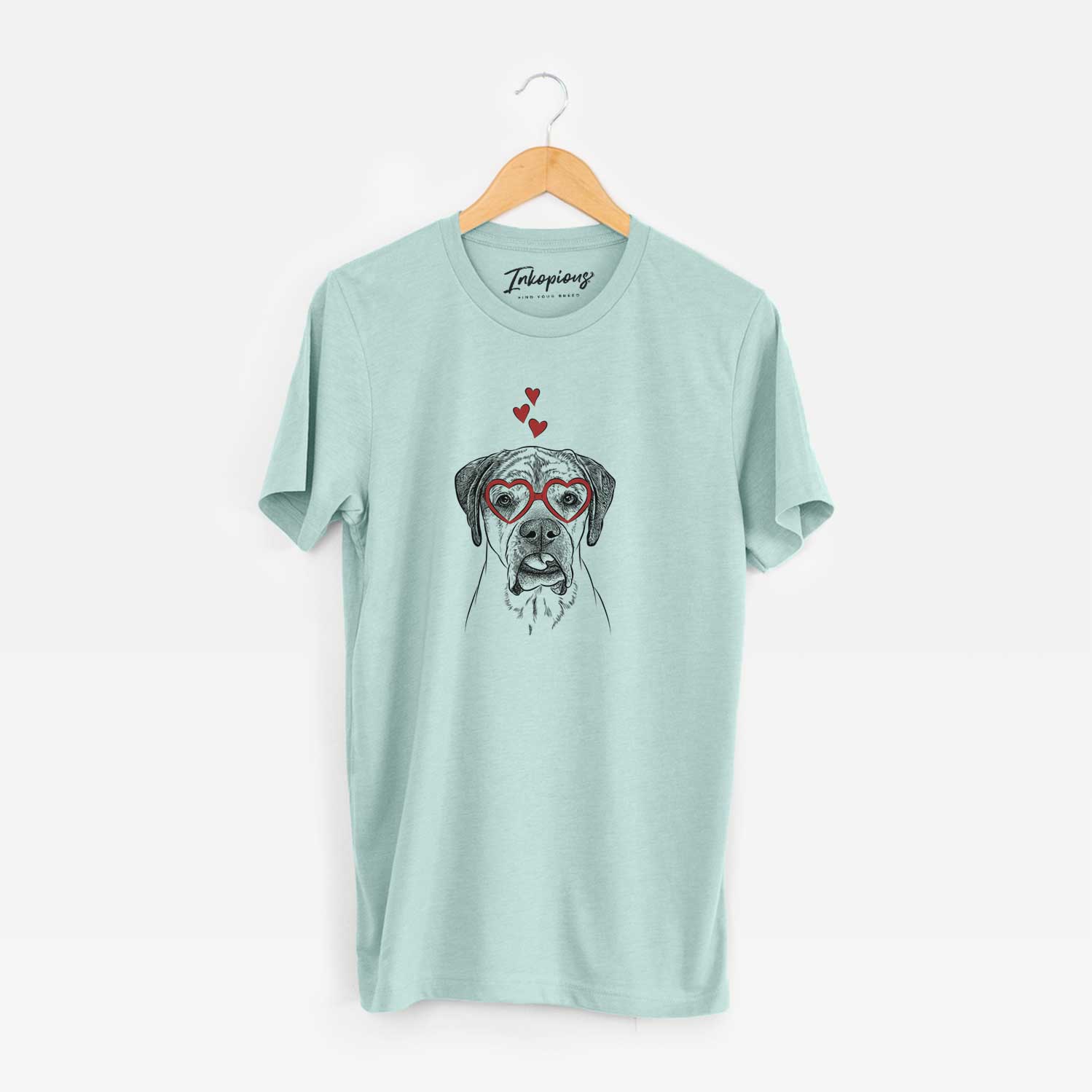 Hand-drawn sketch of Emma the English Mastiff wearing heart-shaped glasses on a Heather Sage Unisex crewneck