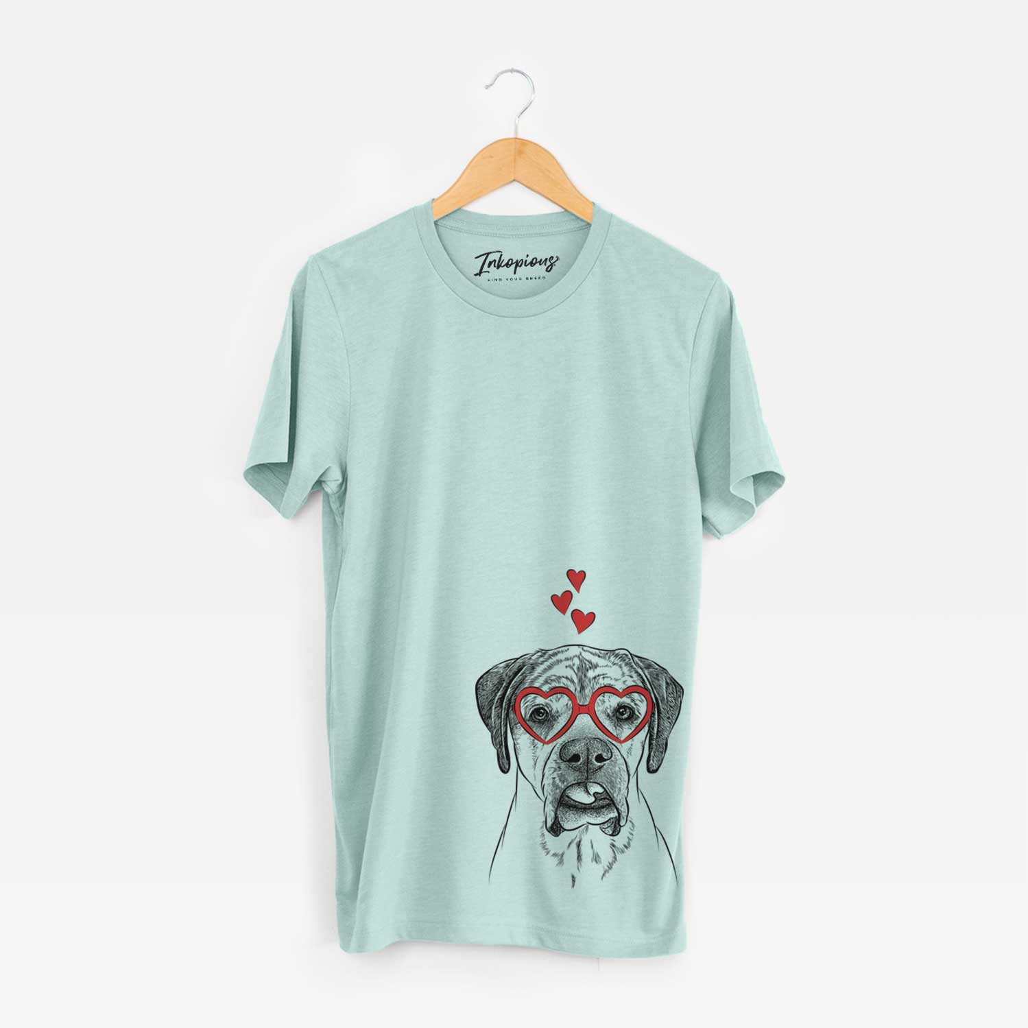 Hand-drawn sketch of Emma the English Mastiff wearing heart-shaped glasses on a Heather Sage Unisex crewneck