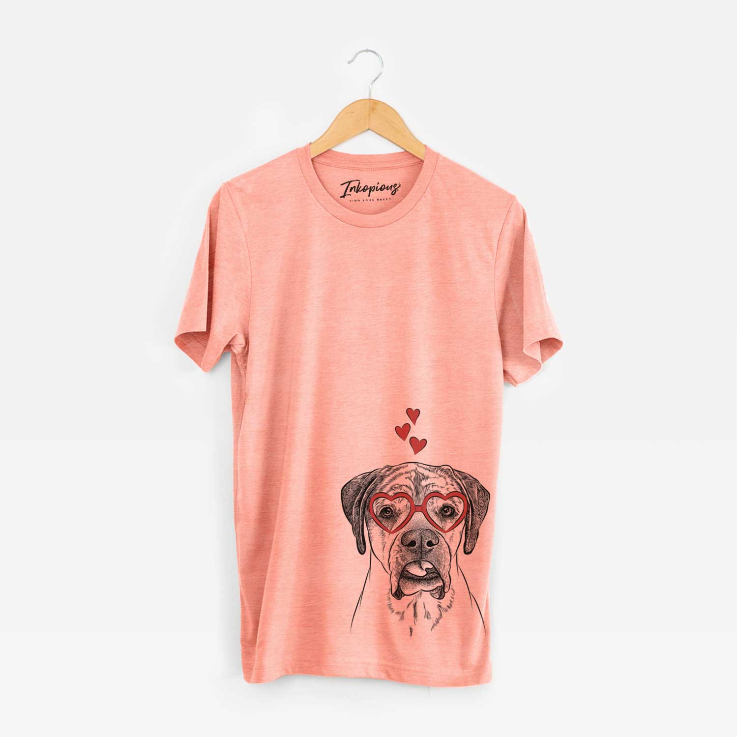 Hand-drawn sketch of Emma the English Mastiff wearing heart-shaped glasses on a Sunset Unisex crewneck