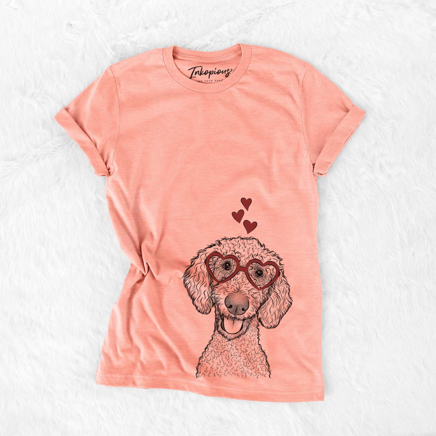 Hand-drawn sketch of Fenway the Goldendoodle wearing heart-shaped glasses on a Sunset Bella Canvas Unisex Crewneck