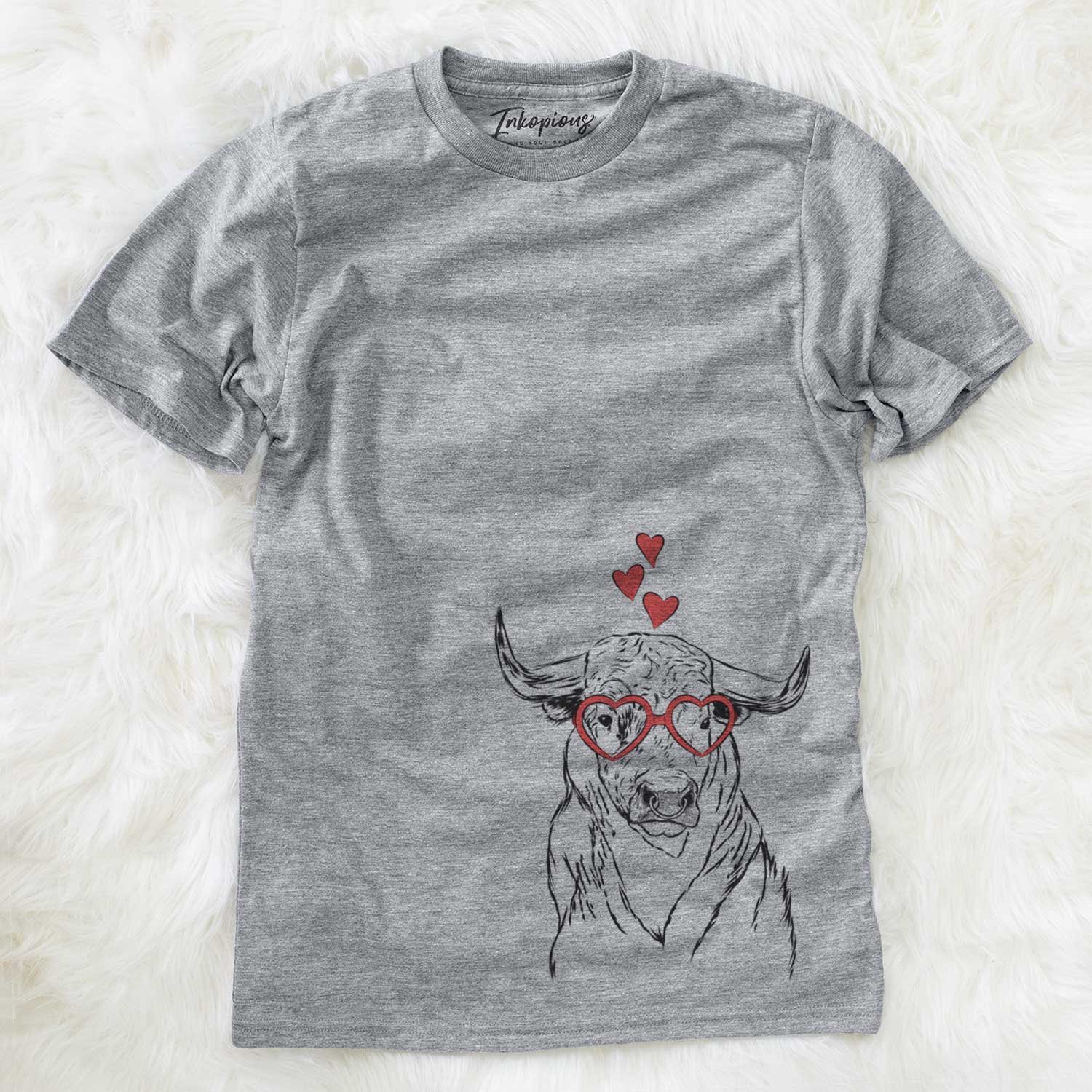 Hand-drawn sketch of Ferdinand the Bull wearing heart-shaped glasses on a Grey Unisex crewneck