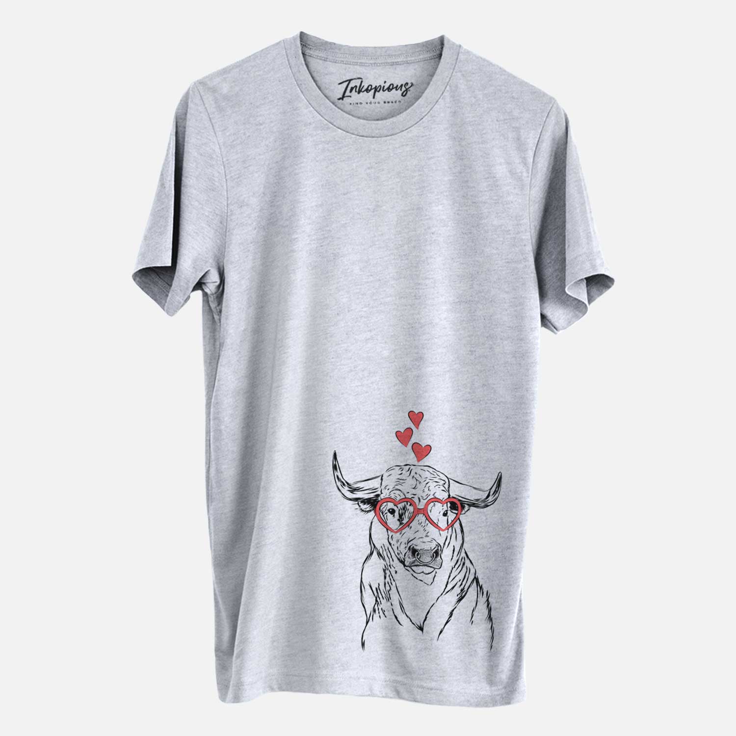 Hand-drawn sketch of Ferdinand the Bull wearing heart-shaped glasses on a Grey Unisex crewneck