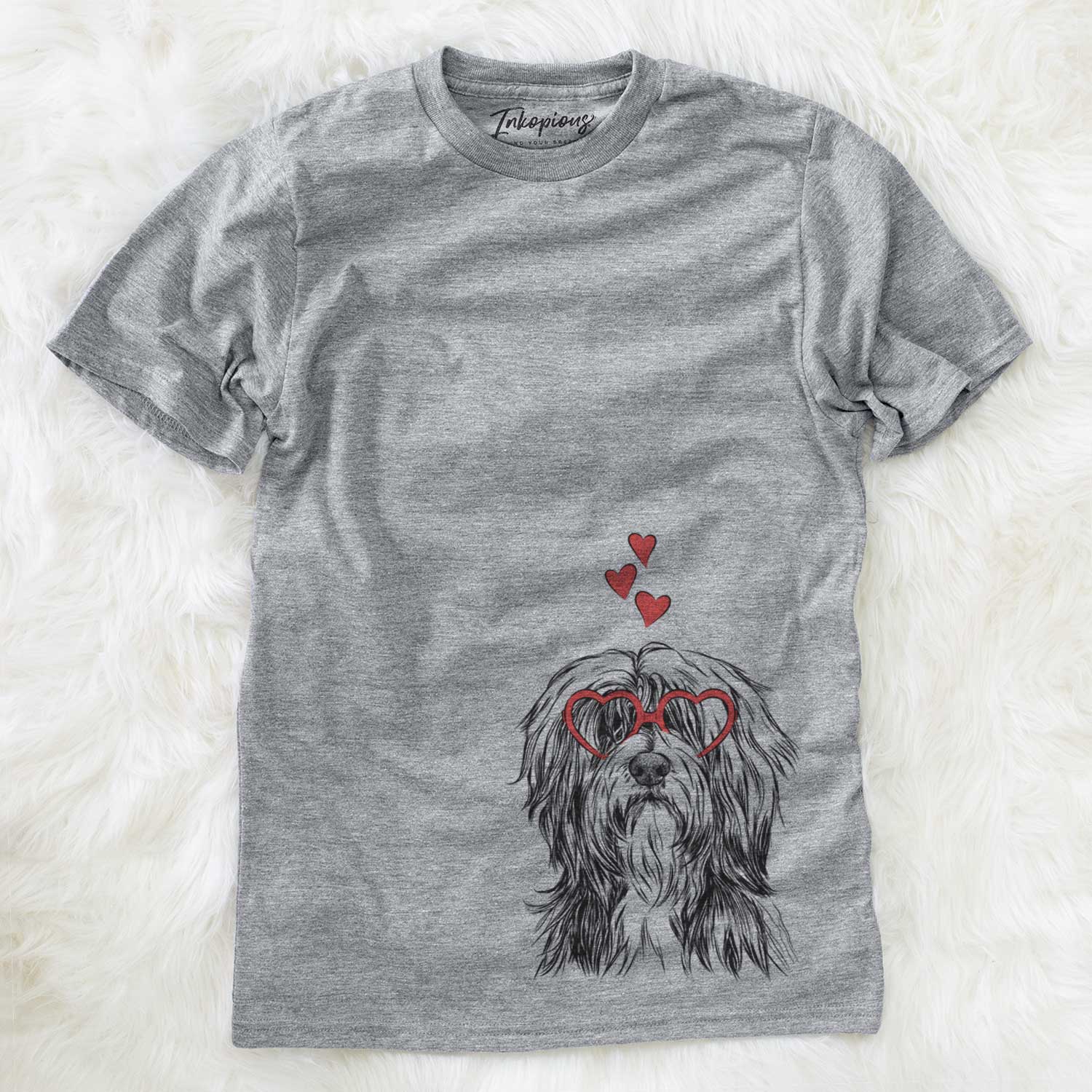 Hand-drawn sketch of Fiji the Polish Lowland Sheepdog wearing heart-shaped glasses on a Grey Unisex crewneck