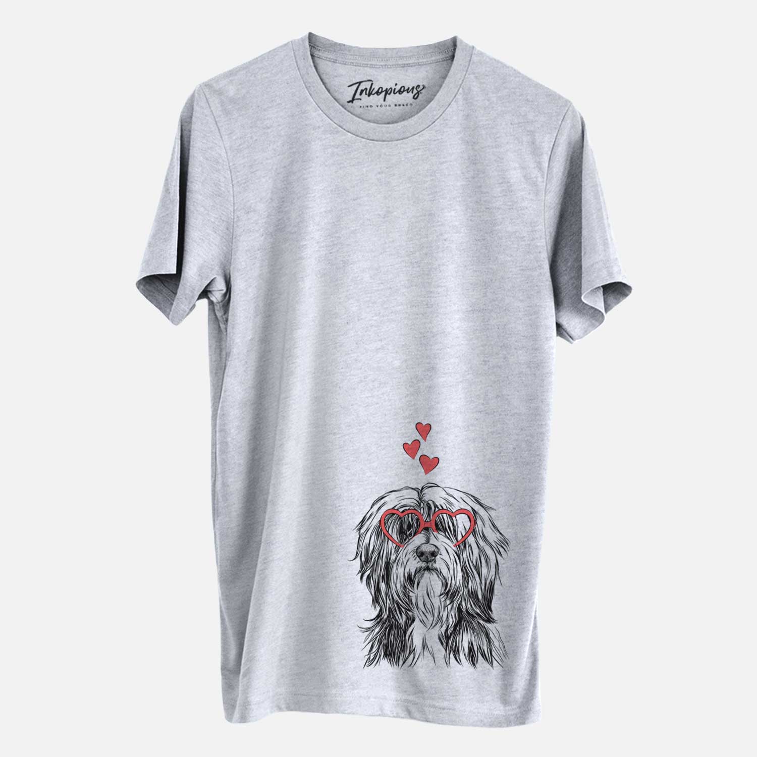 Hand-drawn sketch of Fiji the Polish Lowland Sheepdog wearing heart-shaped glasses on a Grey Unisex crewneck