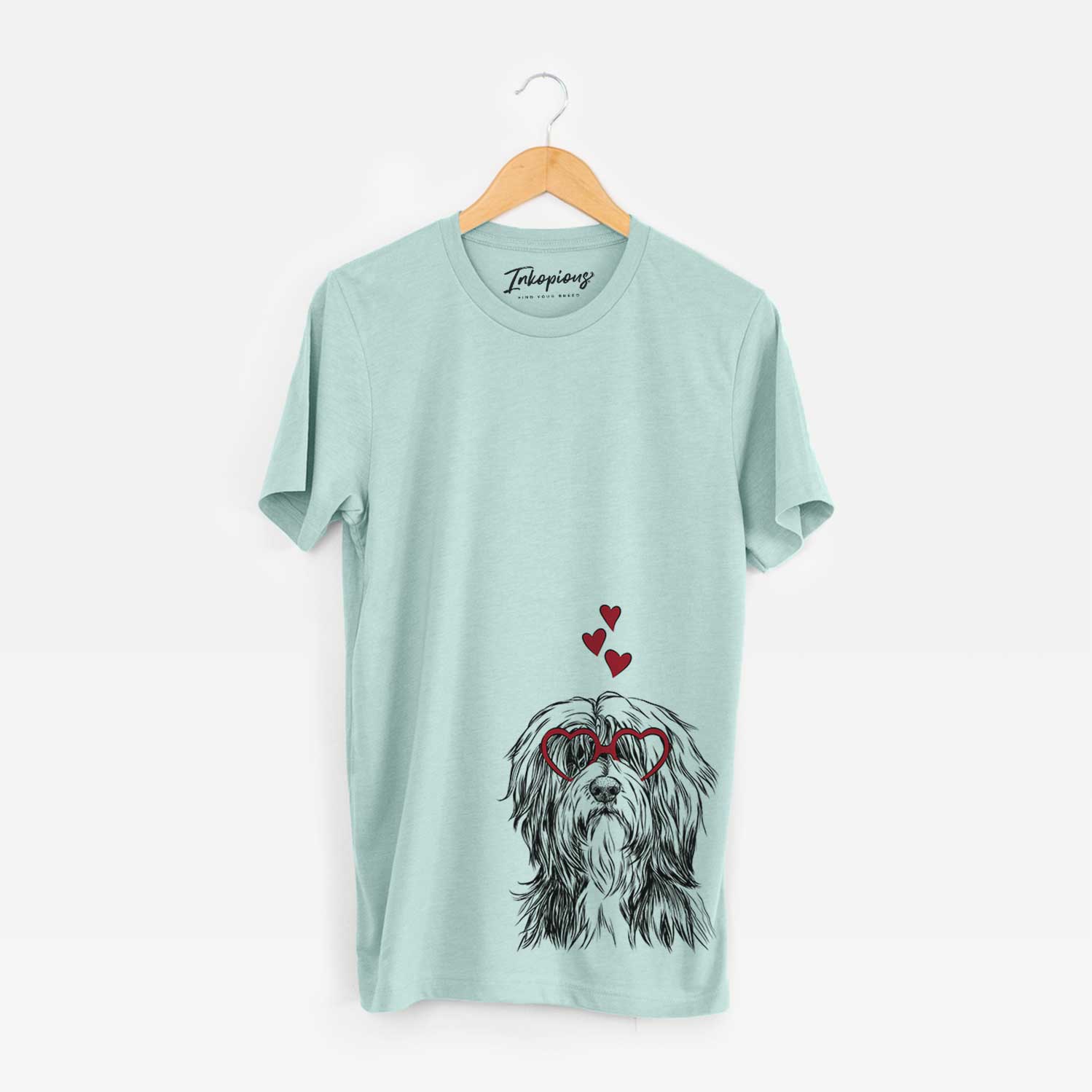 Hand-drawn sketch of Fiji the Polish Lowland Sheepdog wearing heart-shaped glasses on a Heather Sage Bella Canvas Unisex Crewneck