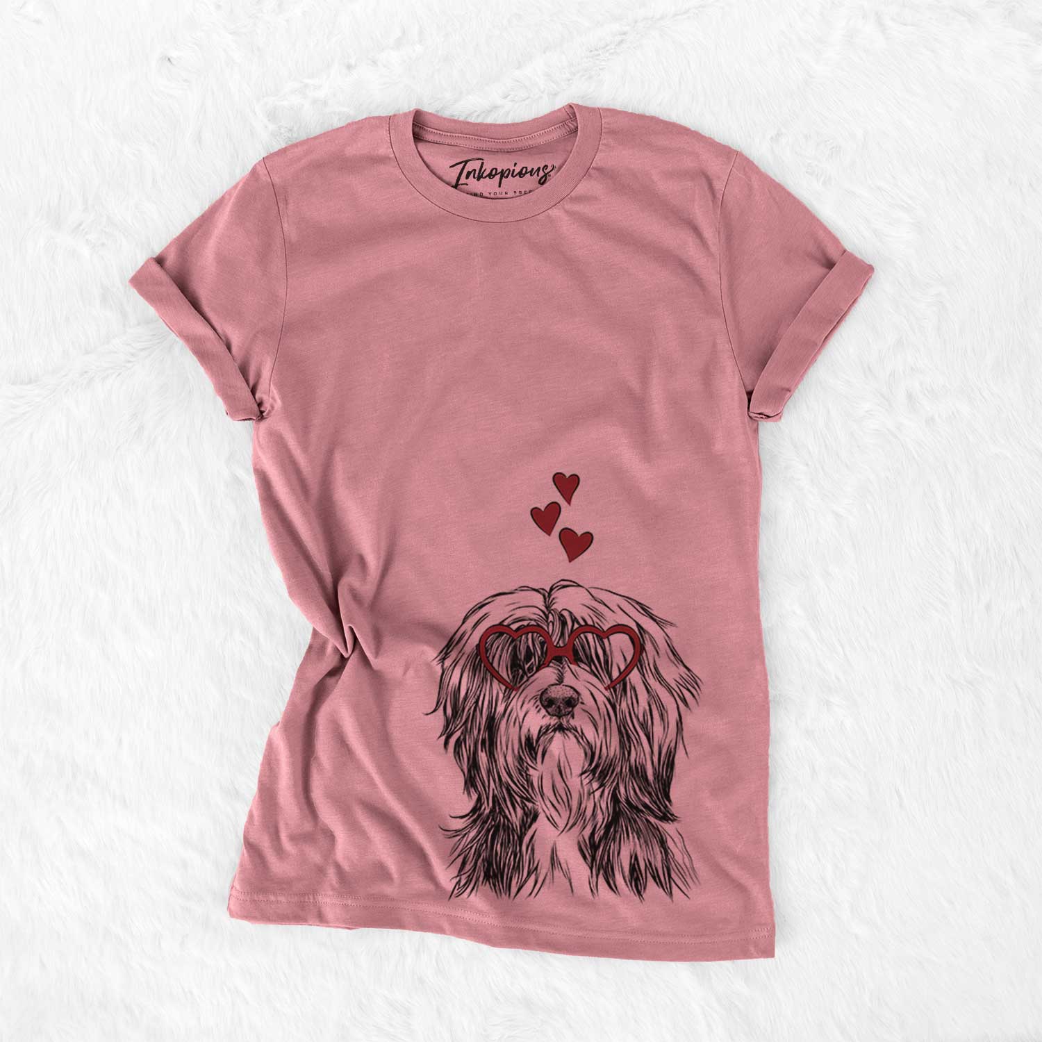 Hand-drawn sketch of Fiji the Polish Lowland Sheepdog wearing heart-shaped glasses on a Mauve Bella Canvas Unisex Crewneck