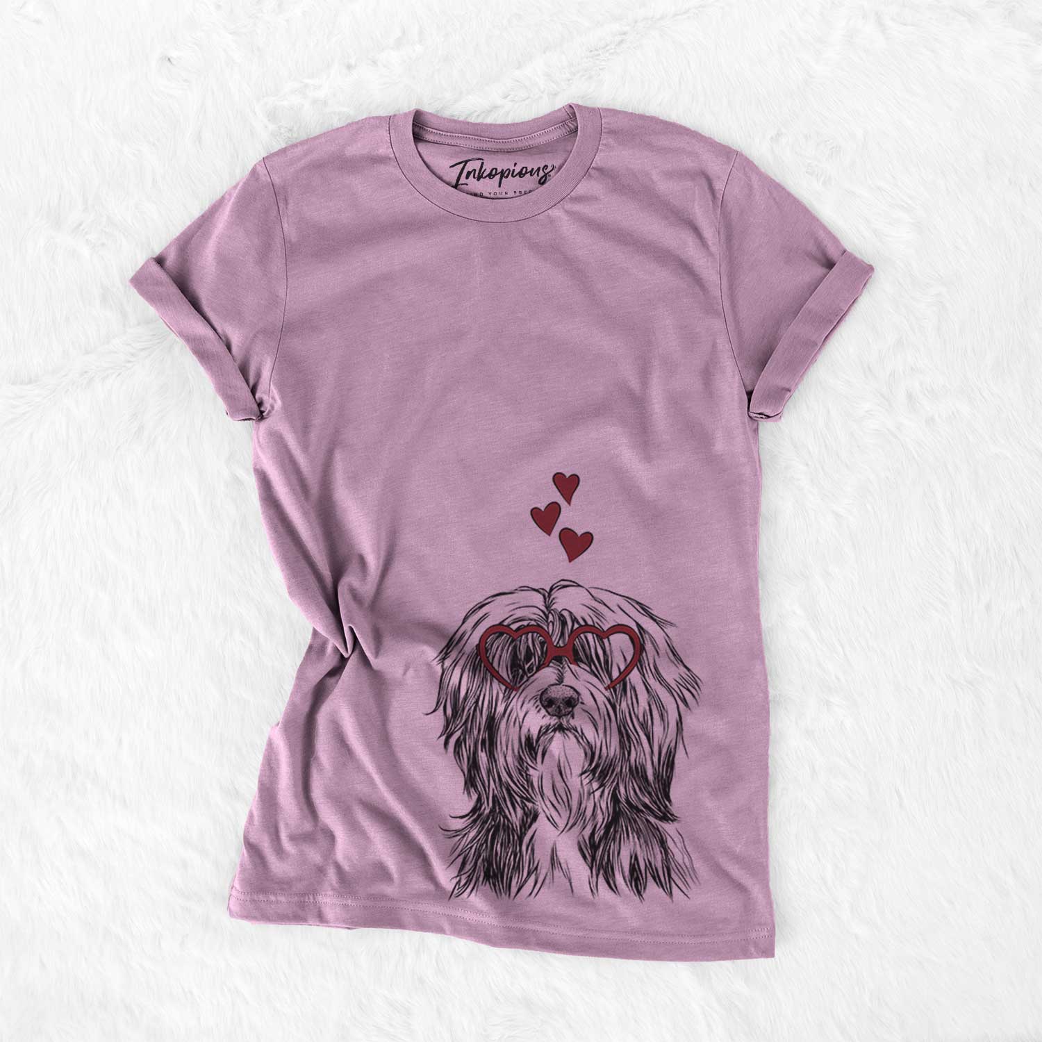 Hand-drawn sketch of Fiji the Polish Lowland Sheepdog wearing heart-shaped glasses on an Orchid Bella Canvas Unisex Crewneck