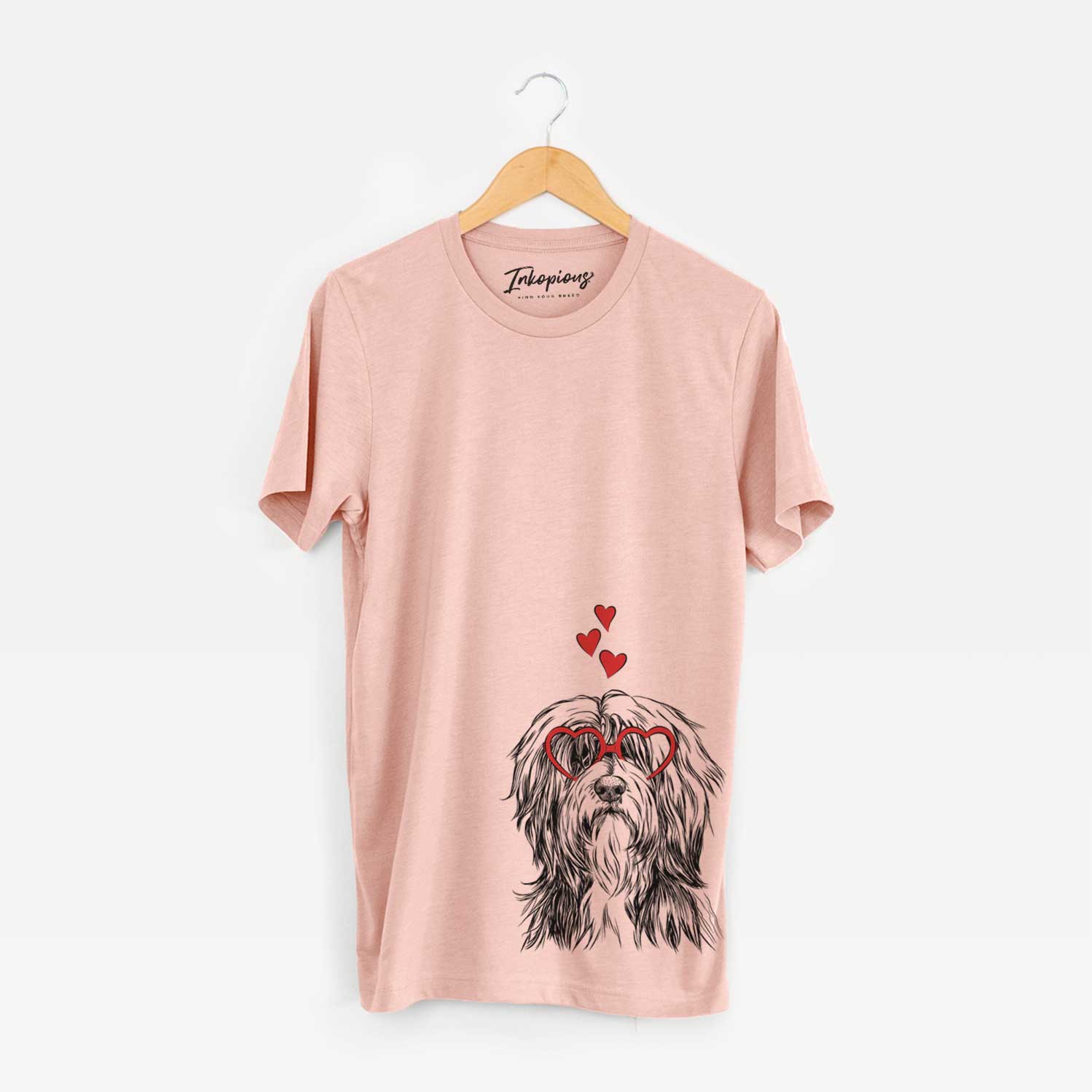 Hand-drawn sketch of Fiji the Polish Lowland Sheepdog wearing heart-shaped glasses on a Peach Unisex crewneck