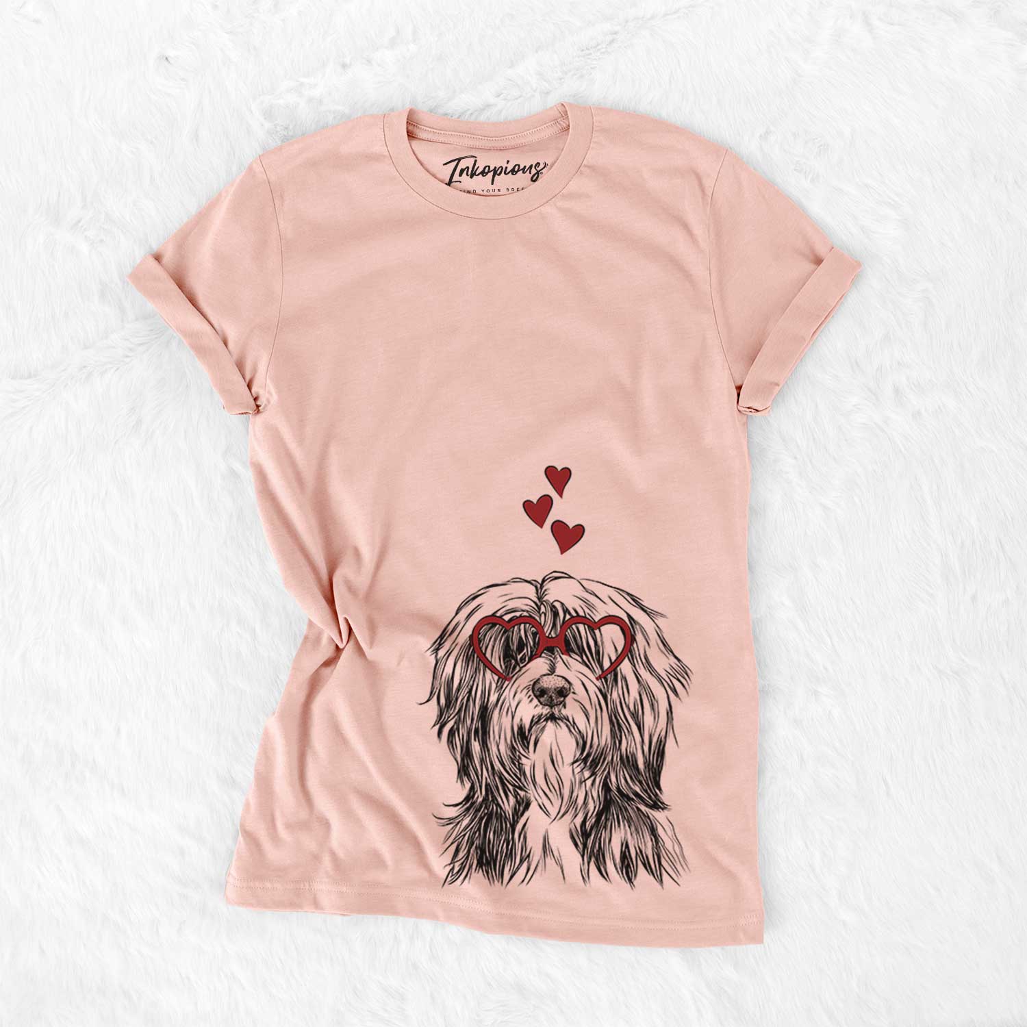 Hand-drawn sketch of Fiji the Polish Lowland Sheepdog wearing heart-shaped glasses on a Peach Bella Canvas Unisex Crewneck