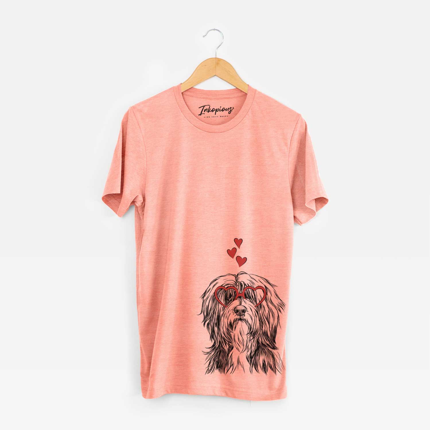 Hand-drawn sketch of Fiji the Polish Lowland Sheepdog wearing heart-shaped glasses on a Sunset Unisex crewneck