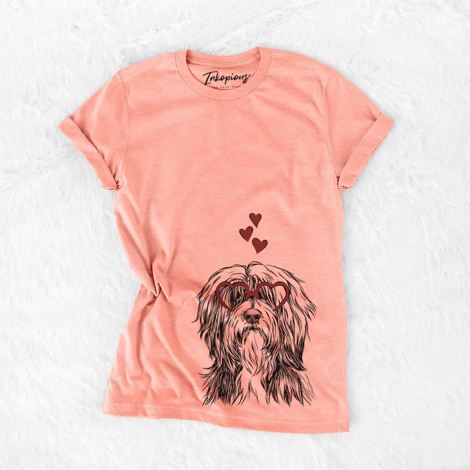 Hand-drawn sketch of Fiji the Polish Lowland Sheepdog wearing heart-shaped glasses on a Sunset Bella Canvas Unisex Crewneck