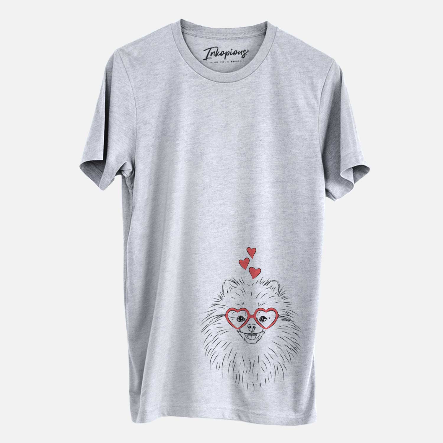 Hand-drawn sketch of Finn the Pomeranian wearing heart-shaped glasses on a Grey Unisex crewneck