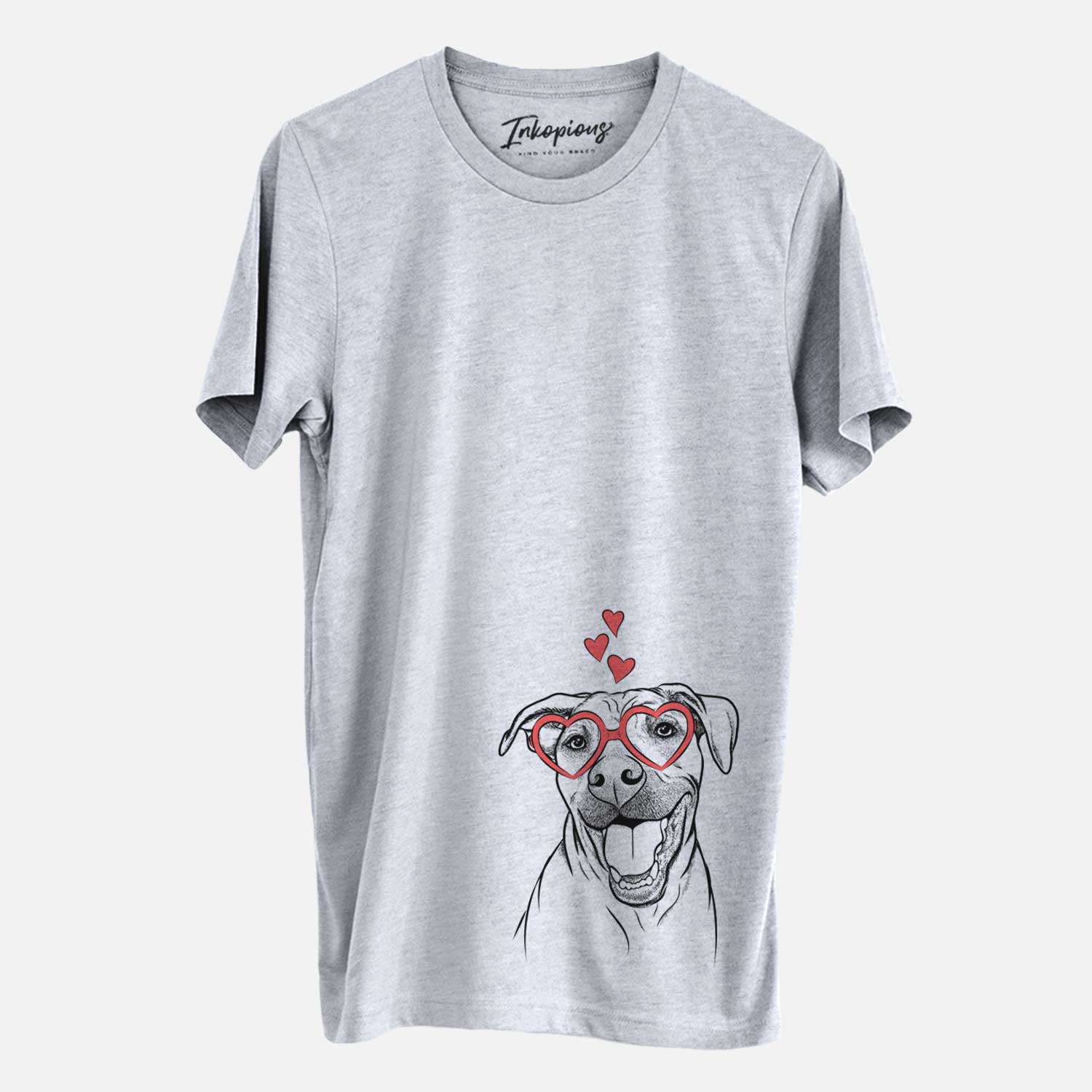 Hand-drawn sketch of Finn the Hound Mix wearing heart-shaped glasses on a Grey Unisex crewneck