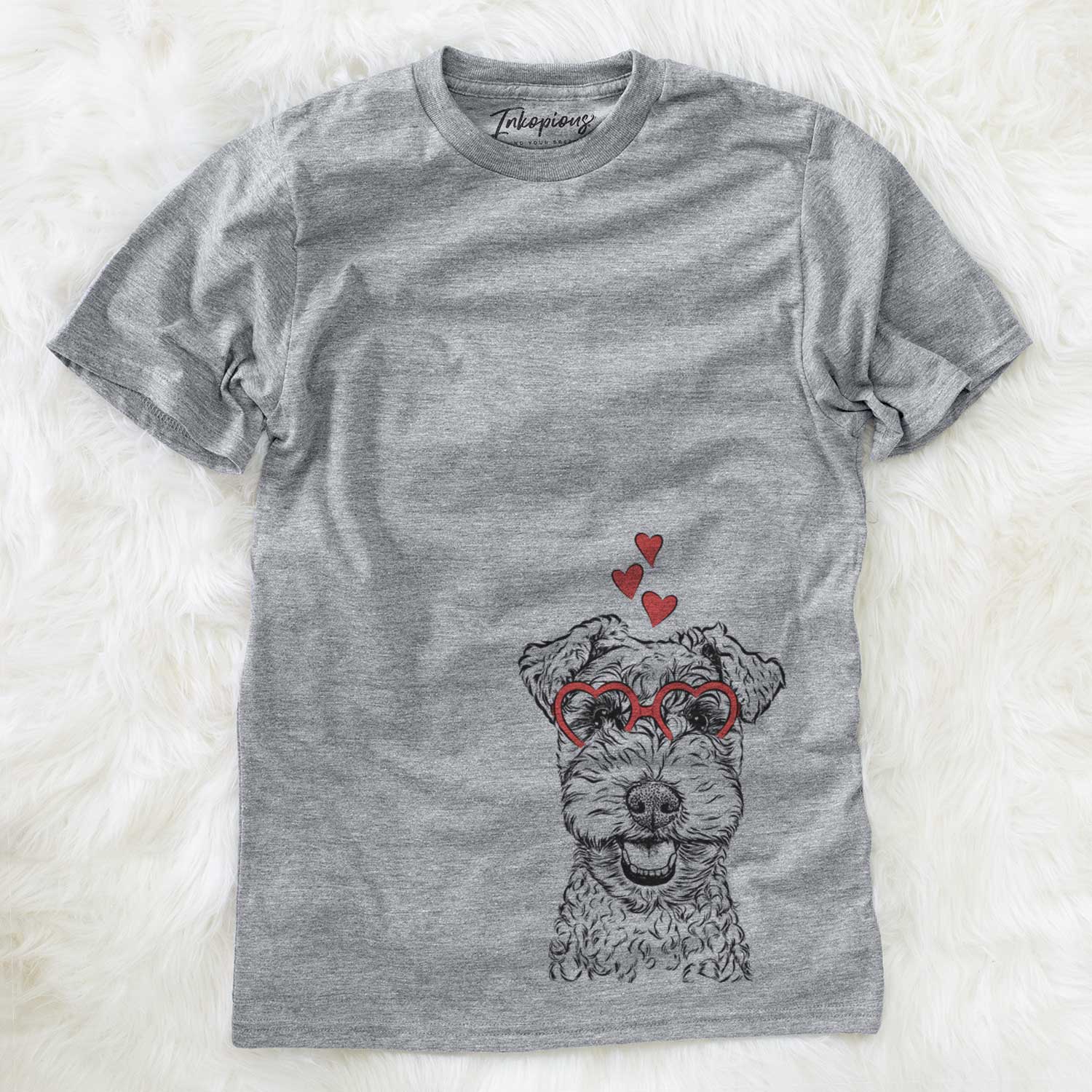 Hand-drawn sketch of Fintan the Irish Troodle wearing heart-shaped glasses on a Grey Unisex crewneck
