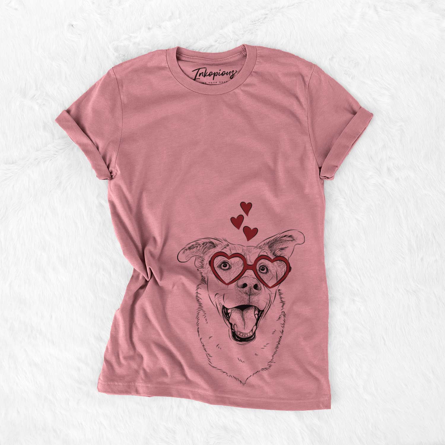 Hand-drawn sketch of Fira the Saint Bernard Husky Mix wearing heart-shaped glasses on a Mauve Bella Canvas Unisex Crewneck