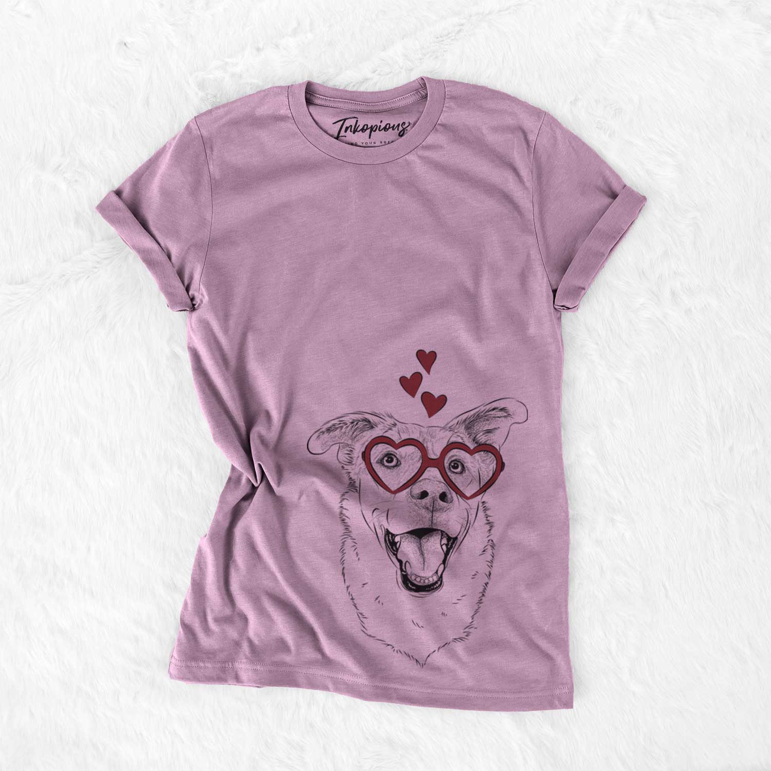 Hand-drawn sketch of Fira the Saint Bernard Husky Mix wearing heart-shaped glasses on an Orchid Bella Canvas Unisex Crewneck