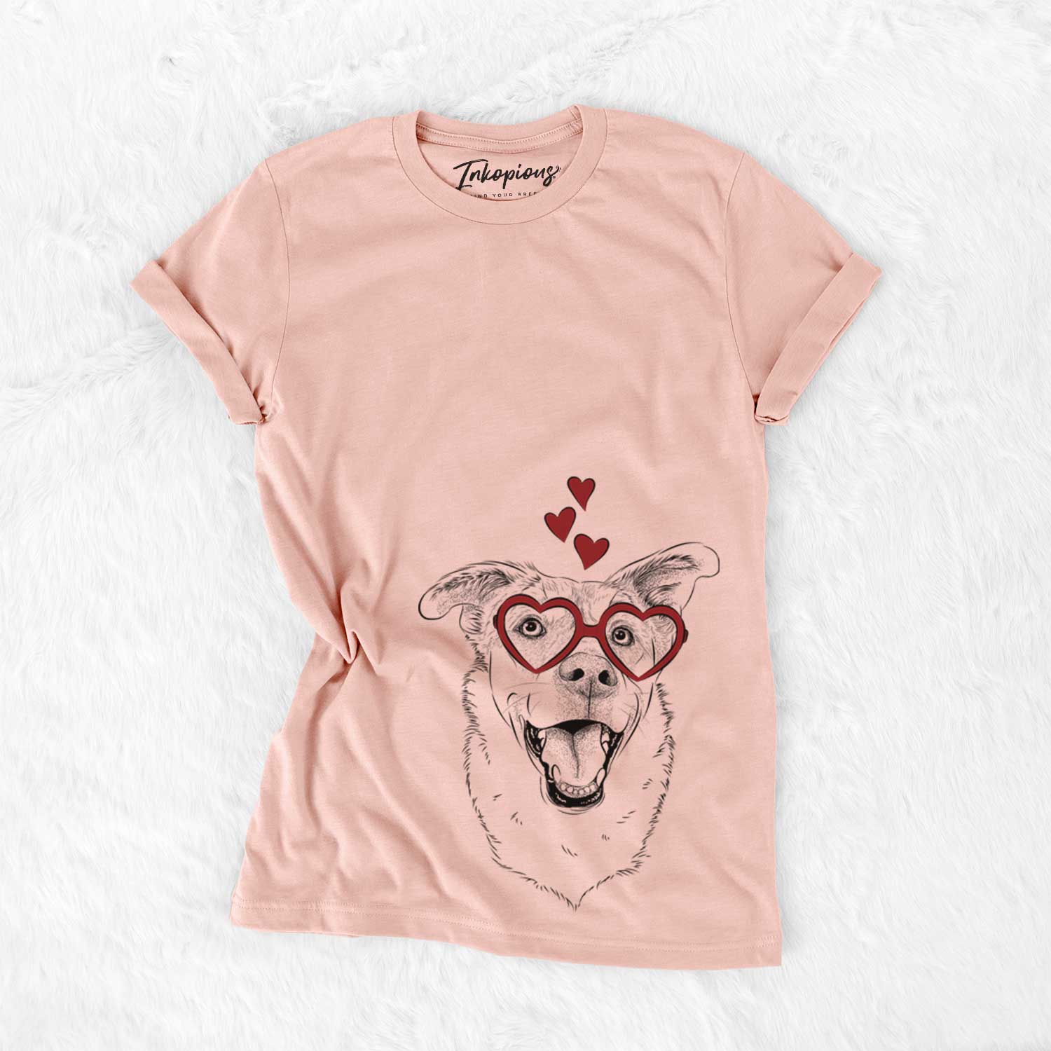 Hand-drawn sketch of Fira the Saint Bernard Husky Mix wearing heart-shaped glasses on a Peach Bella Canvas Unisex Crewneck
