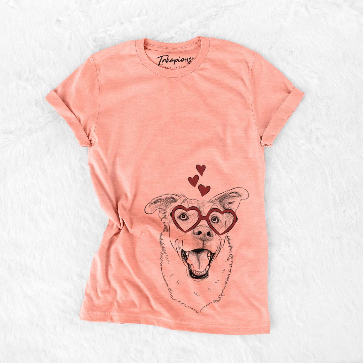 Hand-drawn sketch of Fira the Saint Bernard Husky Mix wearing heart-shaped glasses on a Sunset Bella Canvas Unisex Crewneck