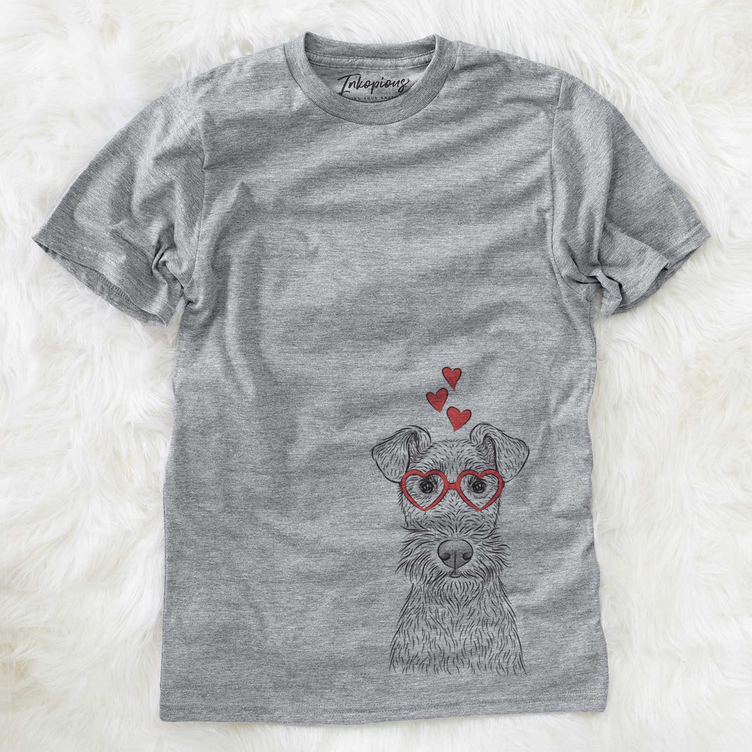 Hand-drawn sketch of Fitz the Wire Fox Terrier wearing heart-shaped glasses on a Grey Unisex crewneck