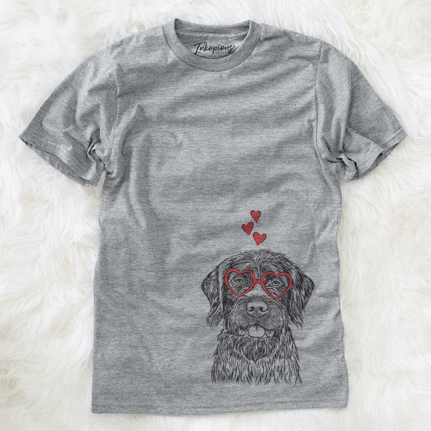 Hand-drawn sketch of Fletcher the Wirehaired Pointing Griffon wearing heart-shaped glasses on a Grey Unisex crewneck