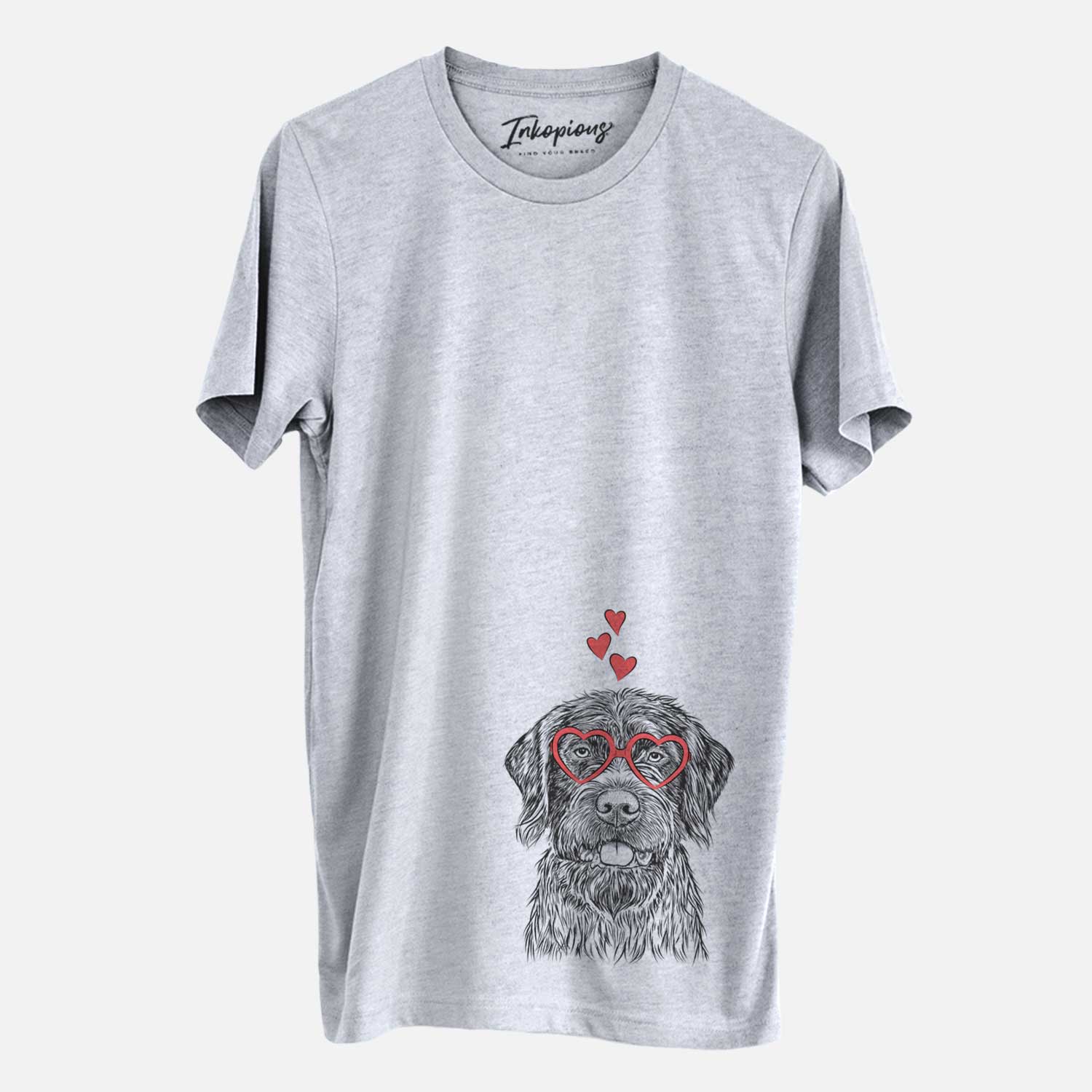 Hand-drawn sketch of Fletcher the Wirehaired Pointing Griffon wearing heart-shaped glasses on a Grey Unisex crewneck
