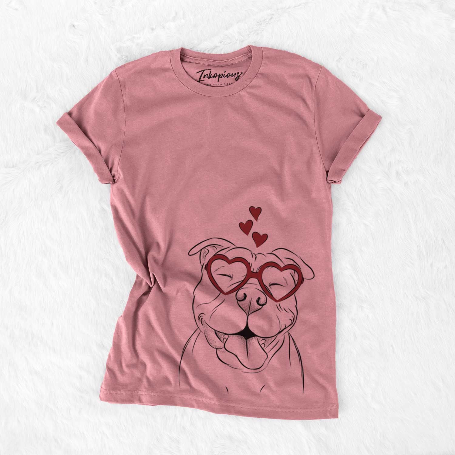 Hand-drawn sketch of Floki the American Bully wearing heart-shaped glasses on a Mauve Bella Canvas Unisex Crewneck