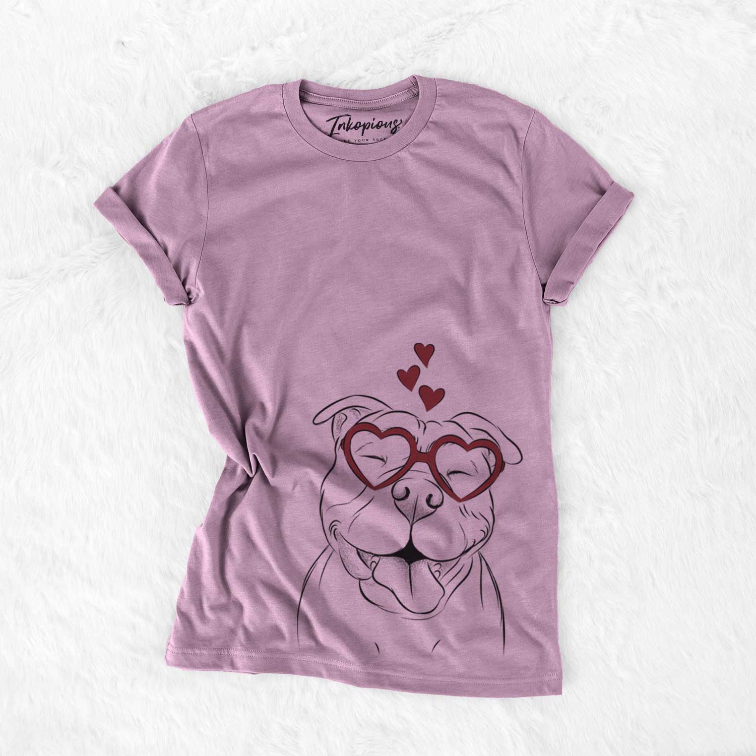 Hand-drawn sketch of Floki the American Bully wearing heart-shaped glasses on an Orchid Bella Canvas Unisex Crewneck