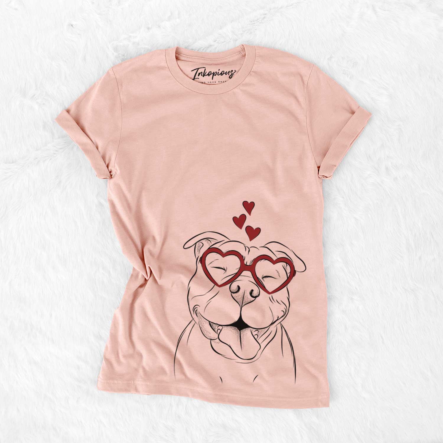 Hand-drawn sketch of Floki the American Bully wearing heart-shaped glasses on a Peach Bella Canvas Unisex Crewneck