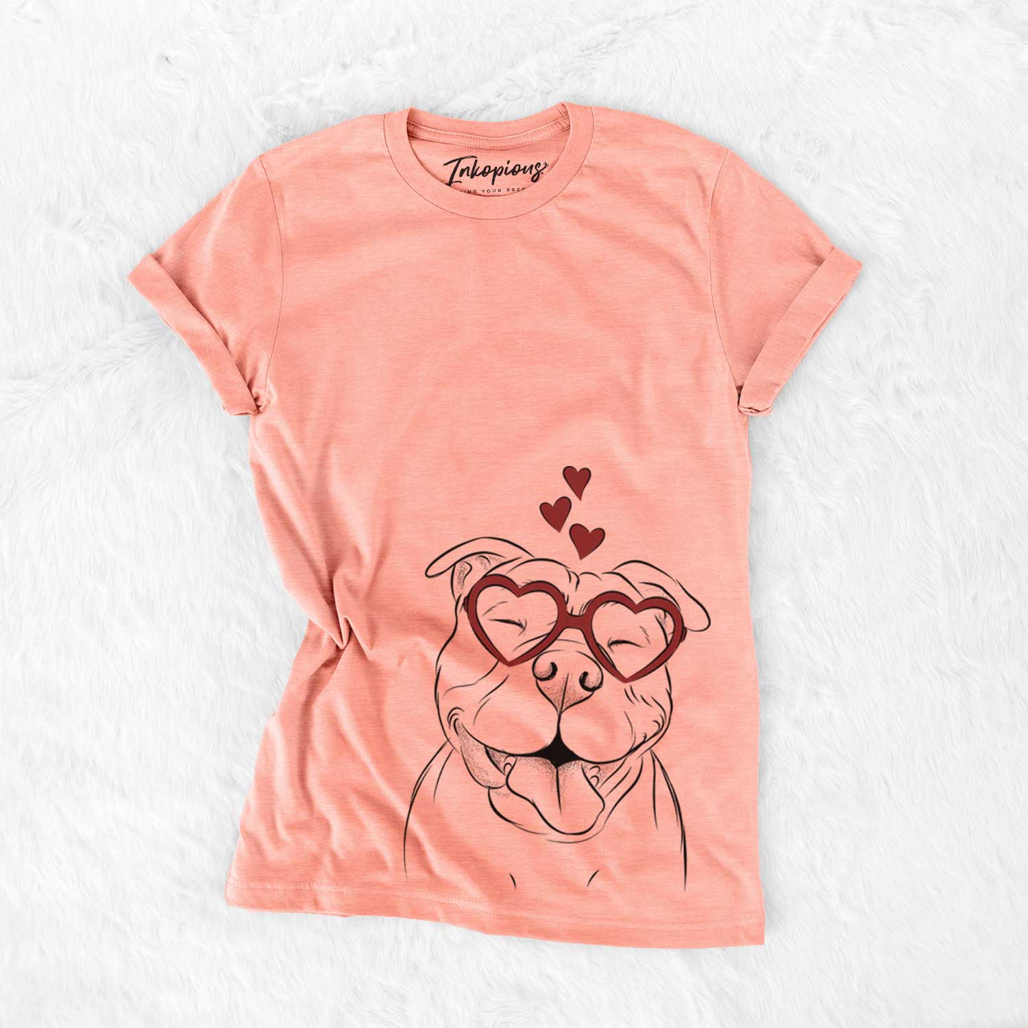 Hand-drawn sketch of Floki the American Bully wearing heart-shaped glasses on a Sunset Bella Canvas Unisex Crewneck