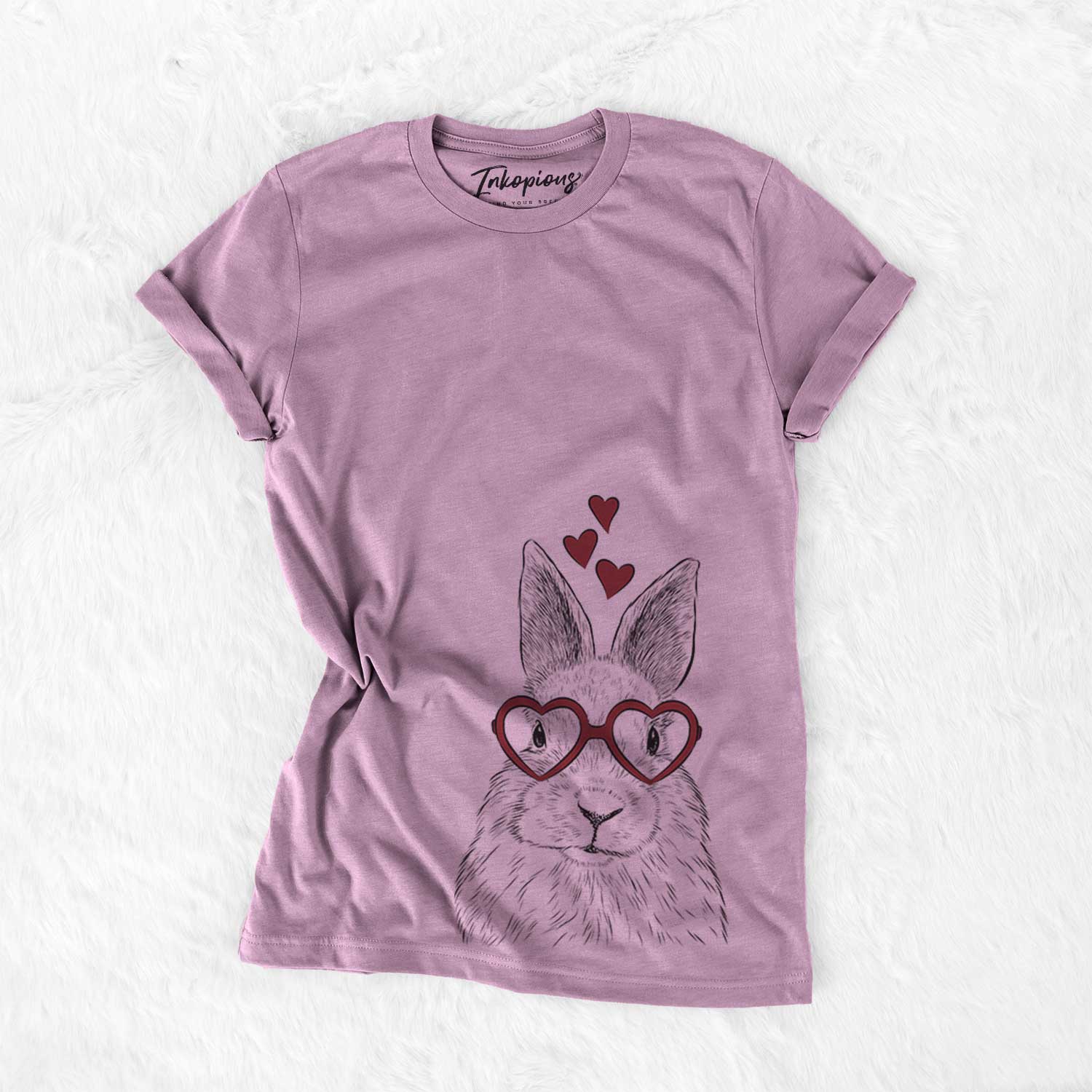 Hand-drawn sketch of Flower the Rex Rabbit wearing heart-shaped glasses on an Orchid Bella Canvas Unisex Crewneck
