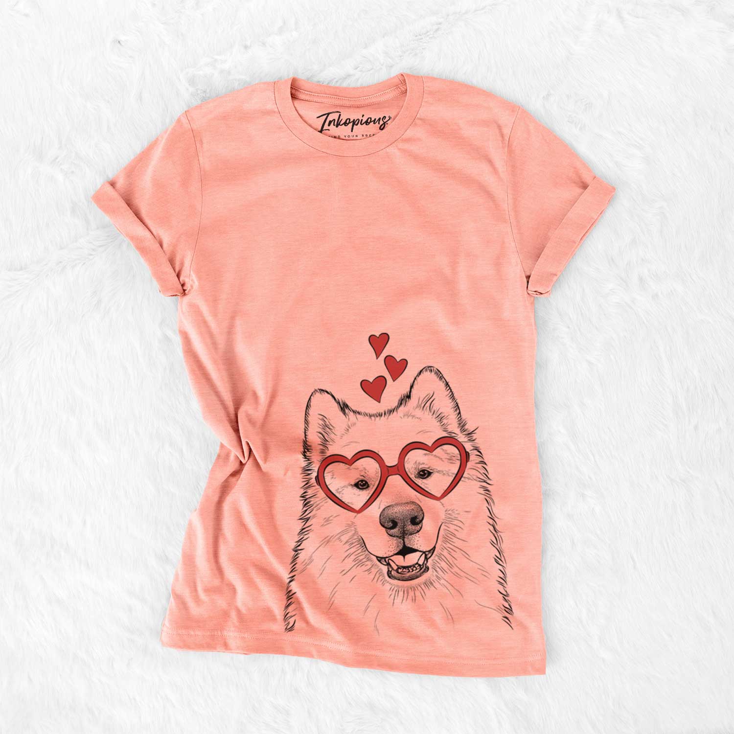 Hand-drawn sketch of Foster the Samoyed wearing heart-shaped glasses on a Sunset Bella Canvas Unisex Crewneck