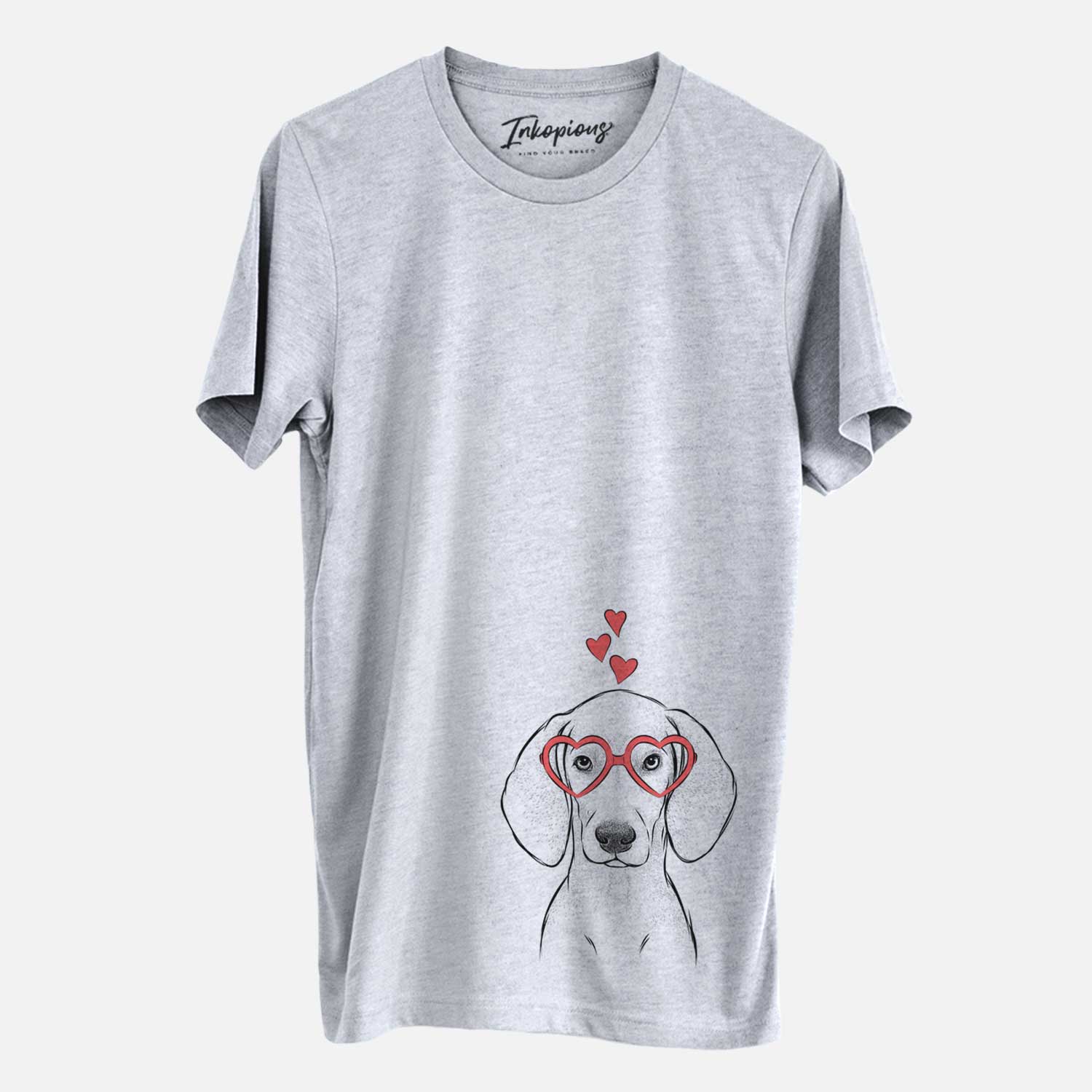 Hand-drawn sketch of Frejya the Weimaraner wearing heart-shaped glasses on a Grey Unisex crewneck