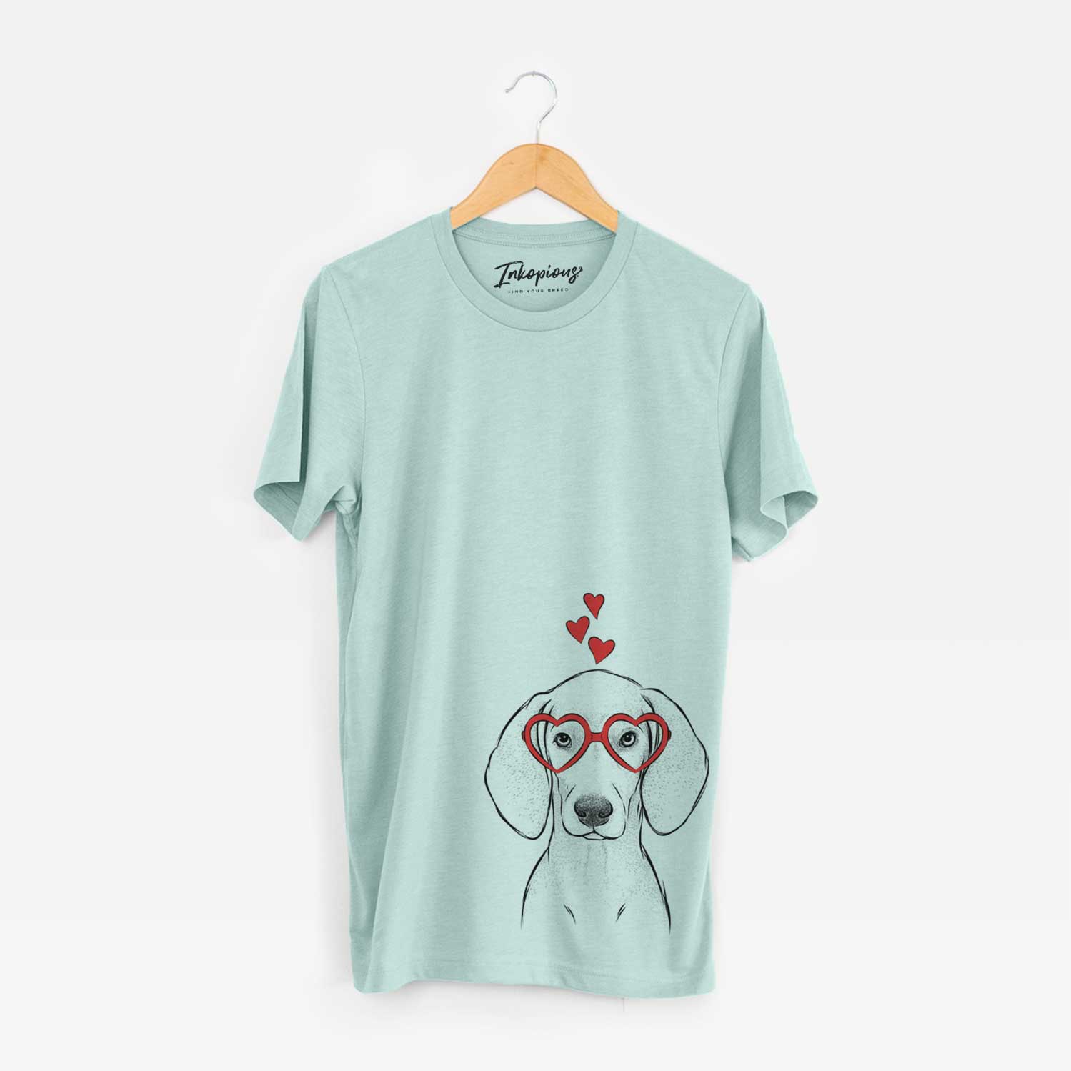 Hand-drawn sketch of Frejya the Weimaraner wearing heart-shaped glasses on a Heather Sage Bella Canvas Unisex Crewneck