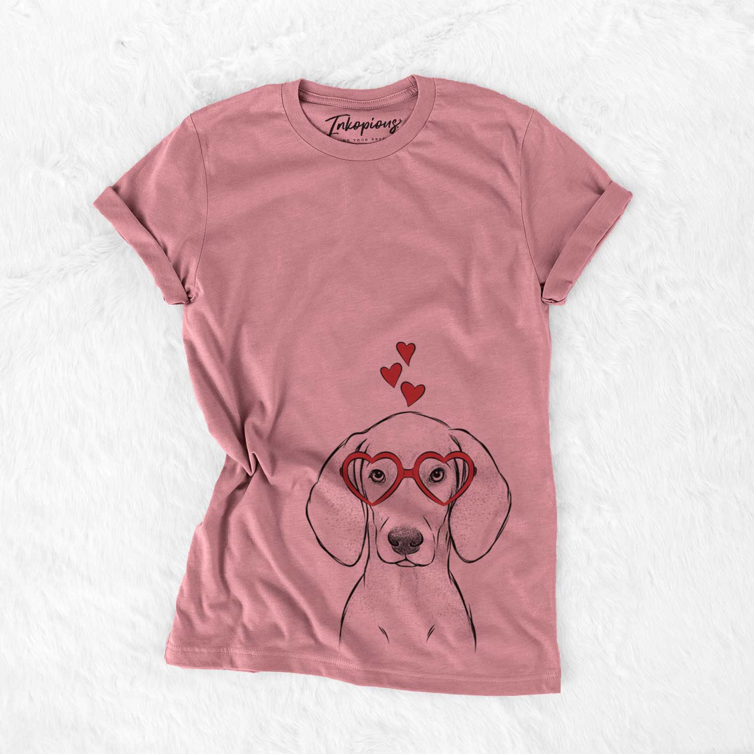 Hand-drawn sketch of Frejya the Weimaraner wearing heart-shaped glasses on a Mauve Bella Canvas Unisex Crewneck