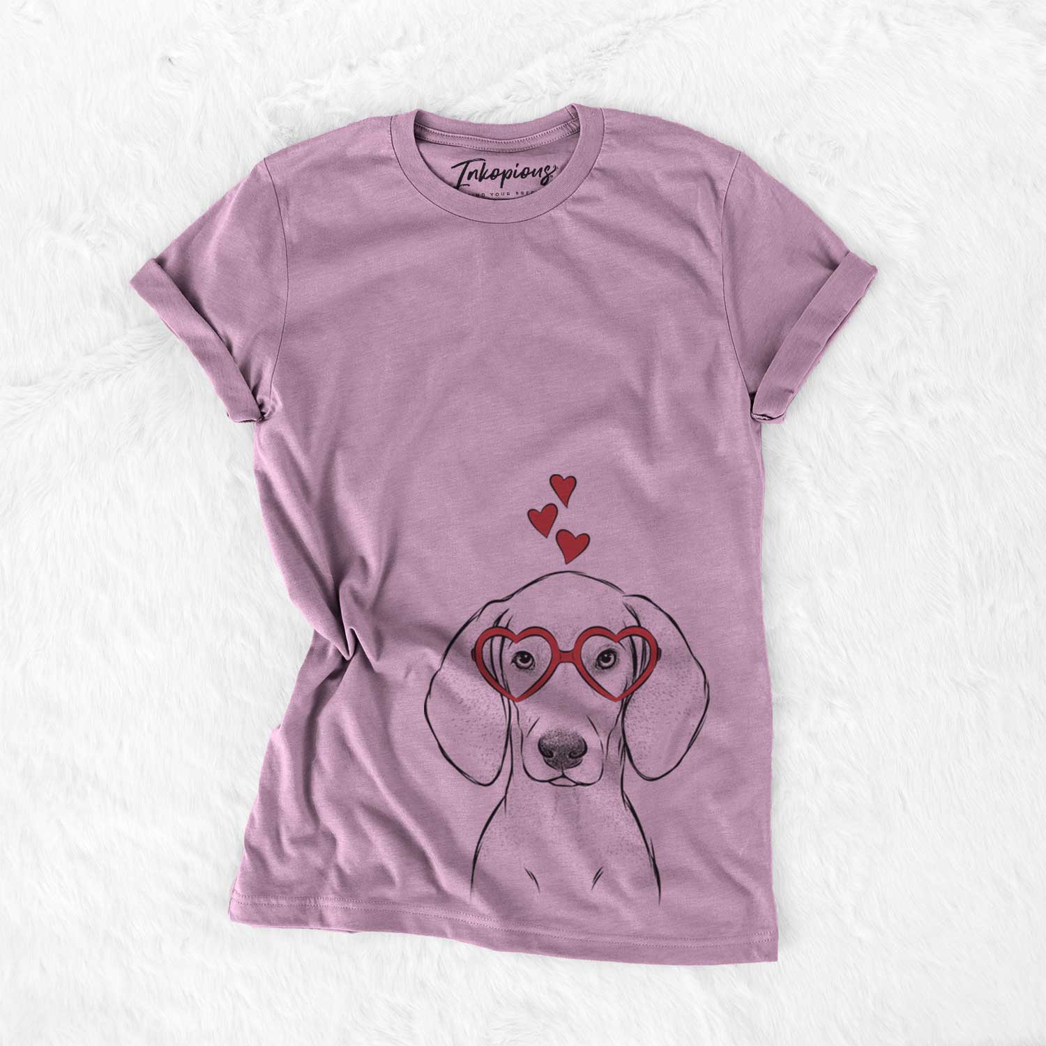 Hand-drawn sketch of Frejya the Weimaraner wearing heart-shaped glasses on an Orchid Bella Canvas Unisex Crewneck