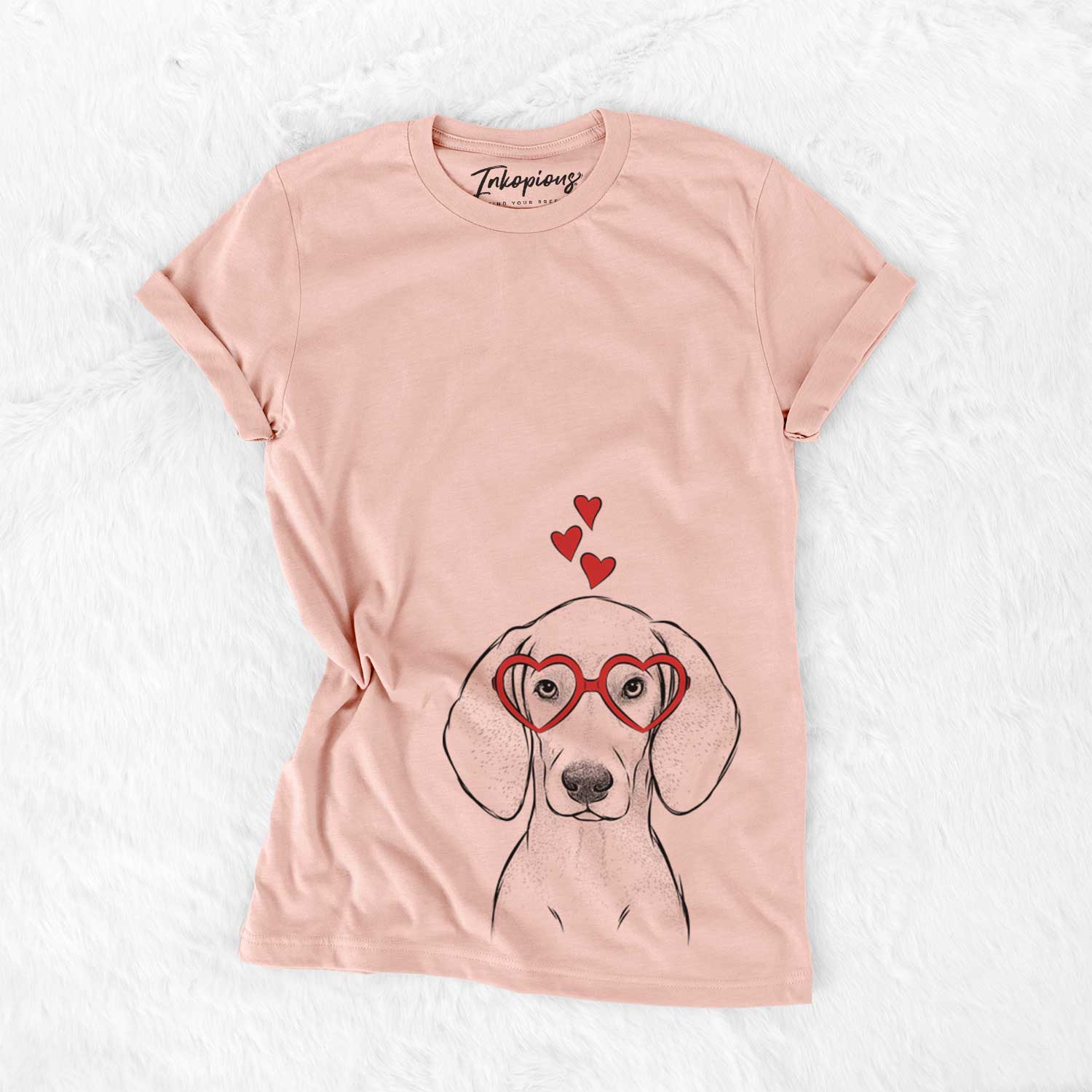 Hand-drawn sketch of Frejya the Weimaraner wearing heart-shaped glasses on a Peach Bella Canvas Unisex Crewneck