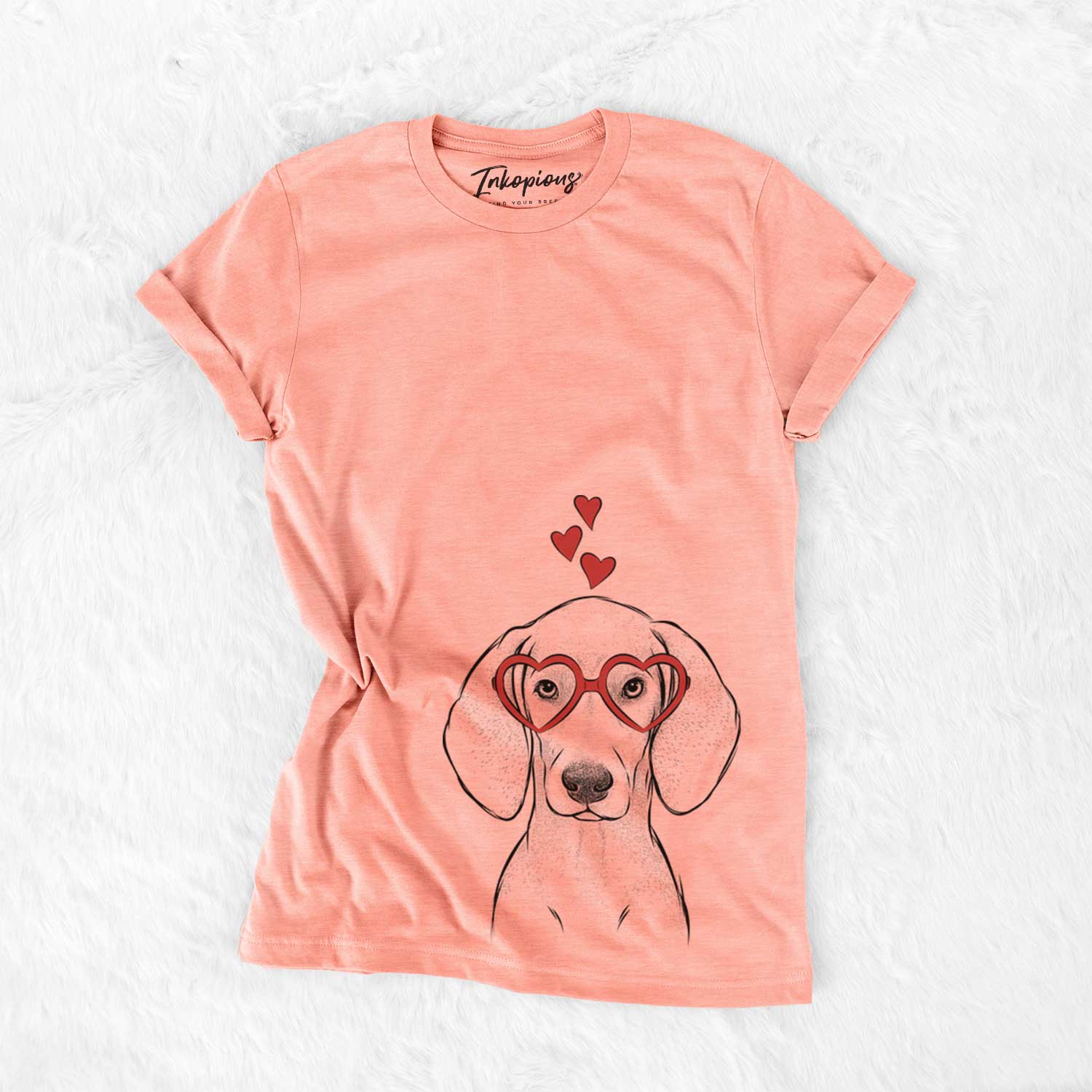 Hand-drawn sketch of Frejya the Weimaraner wearing heart-shaped glasses on a Sunset Bella Canvas Unisex Crewneck