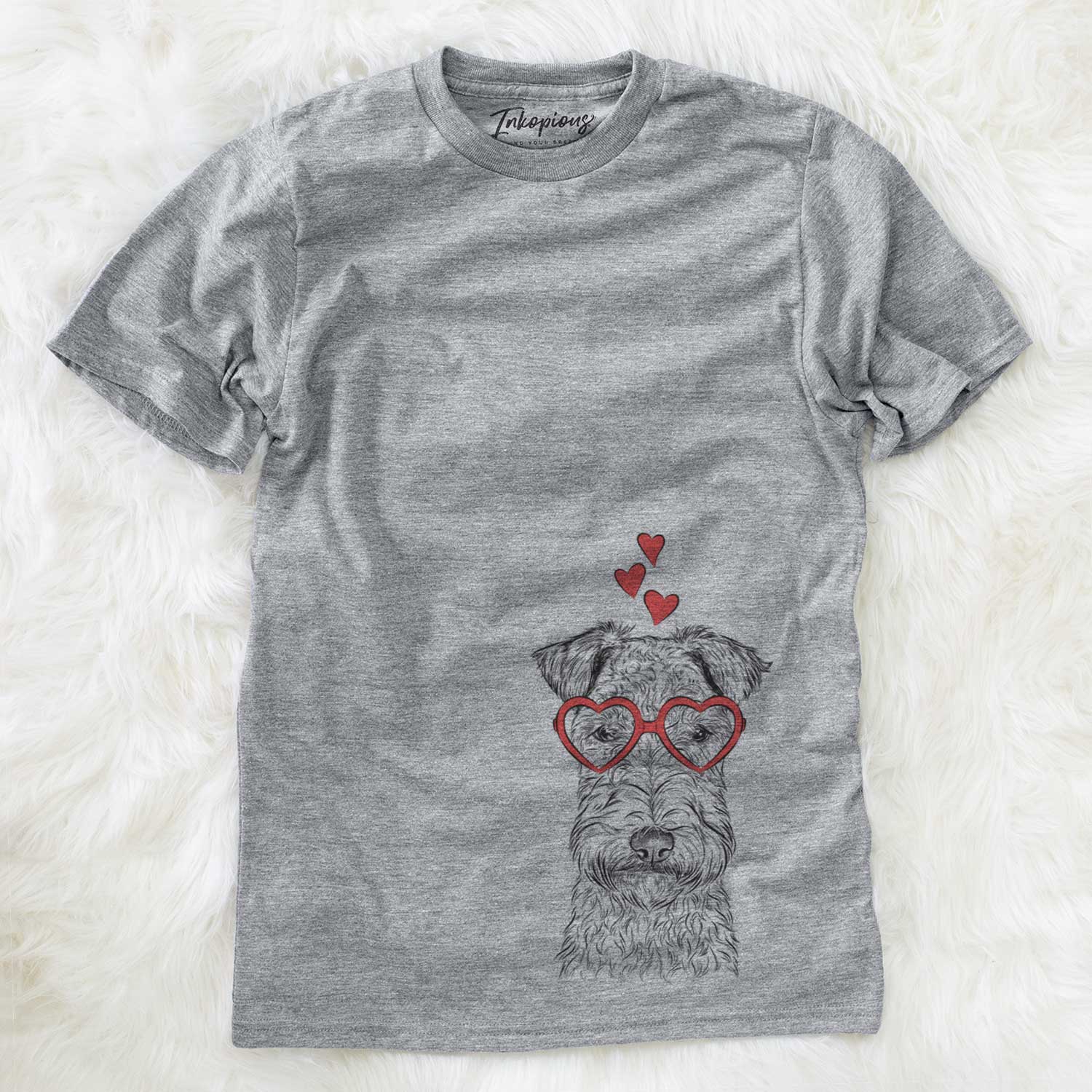 Hand-drawn sketch of Frida the Lakeland Terrier wearing heart-shaped glasses on a Grey Unisex crewneck