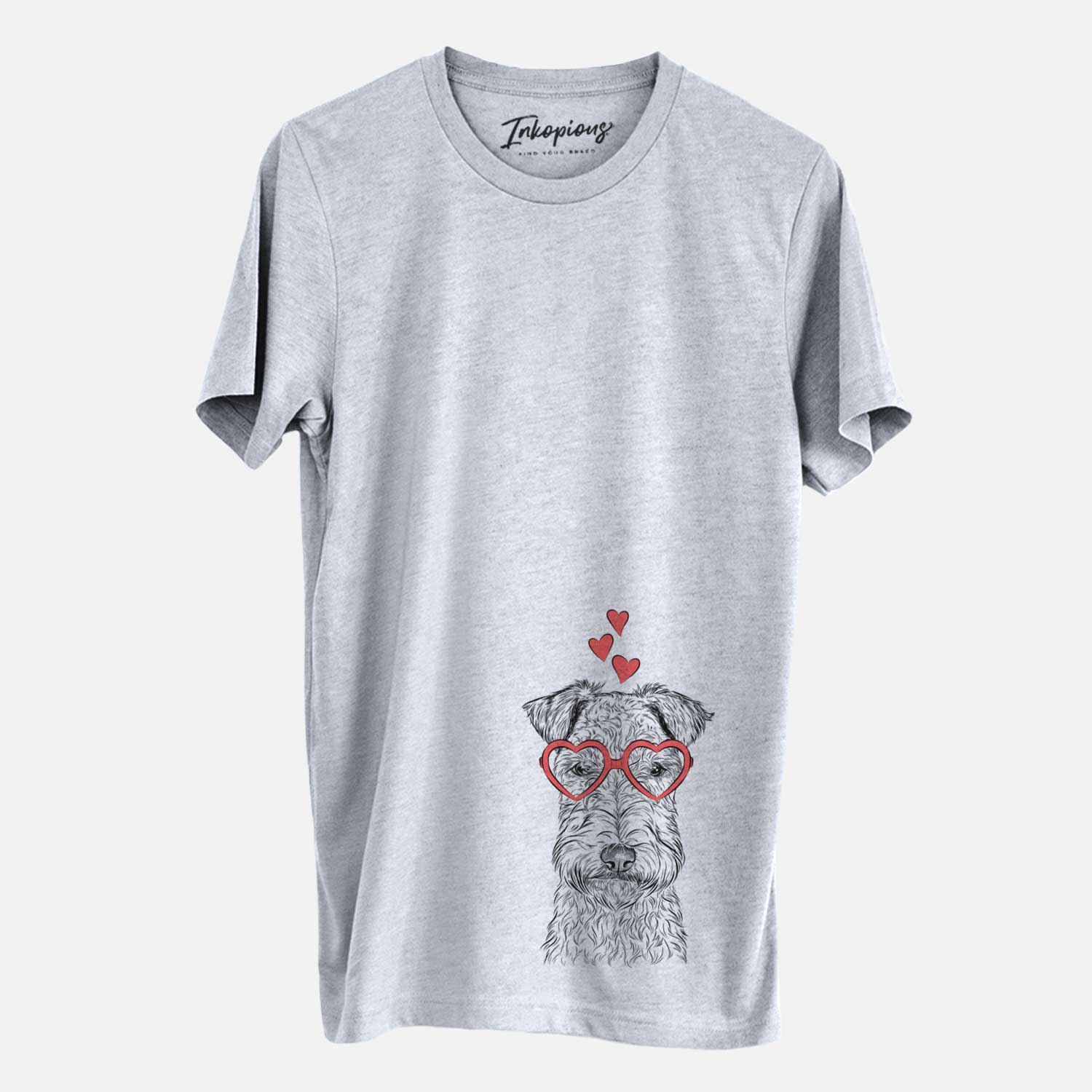 Hand-drawn sketch of Frida the Lakeland Terrier wearing heart-shaped glasses on a Grey Unisex crewneck