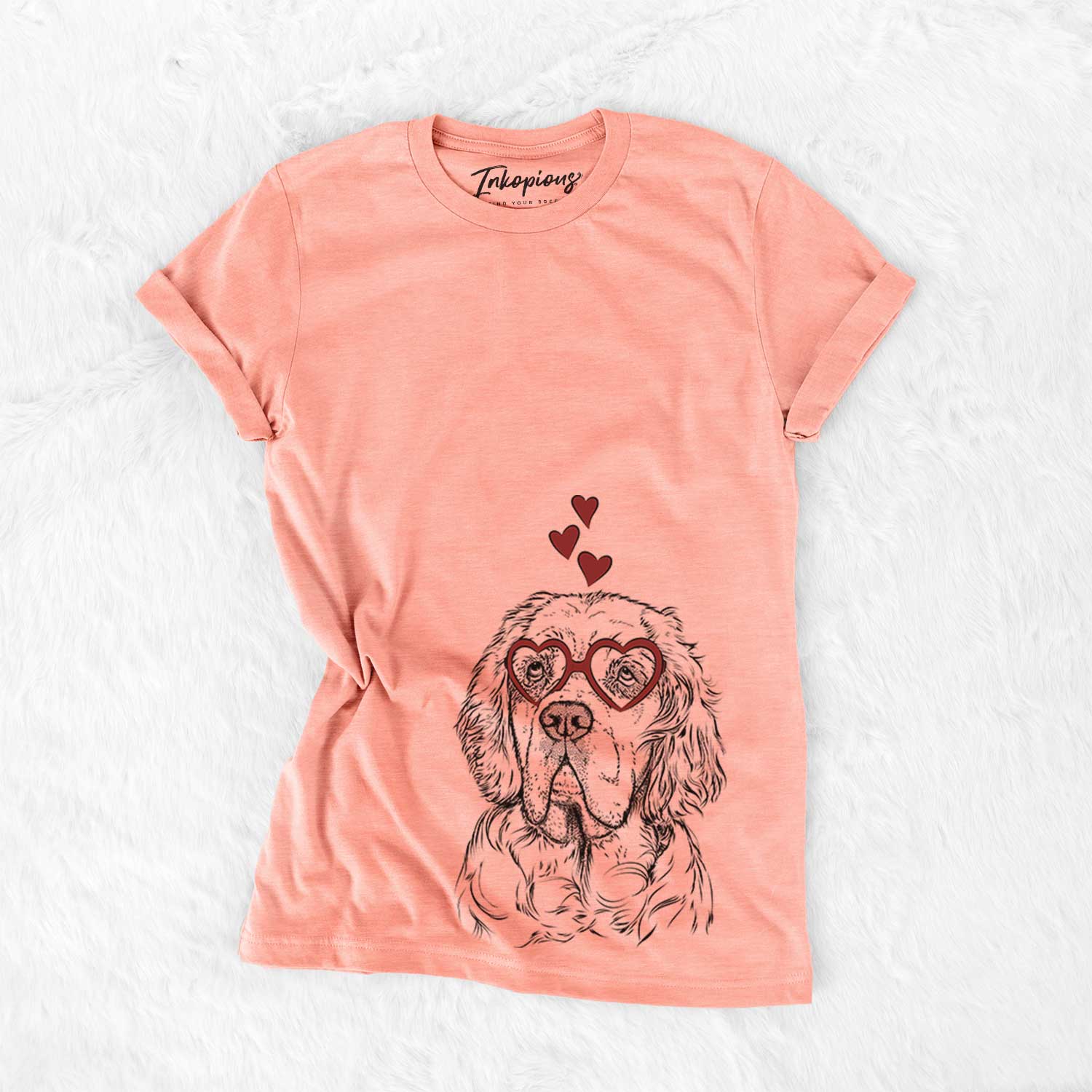 Hand-drawn sketch of Gary the Clumber Spaniel wearing heart-shaped glasses on a Sunset Bella Canvas Unisex Crewneck