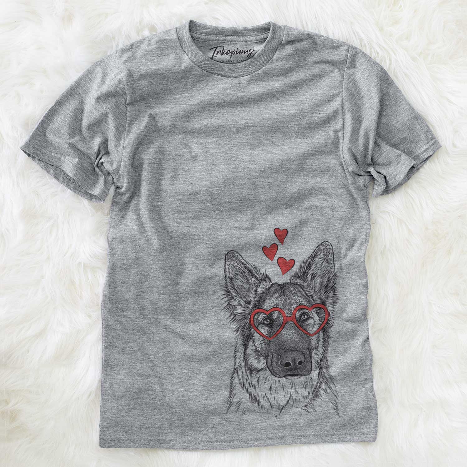 Hand-drawn sketch of Geddy the Shiloh Shepherd wearing heart-shaped glasses on a Grey Unisex crewneck