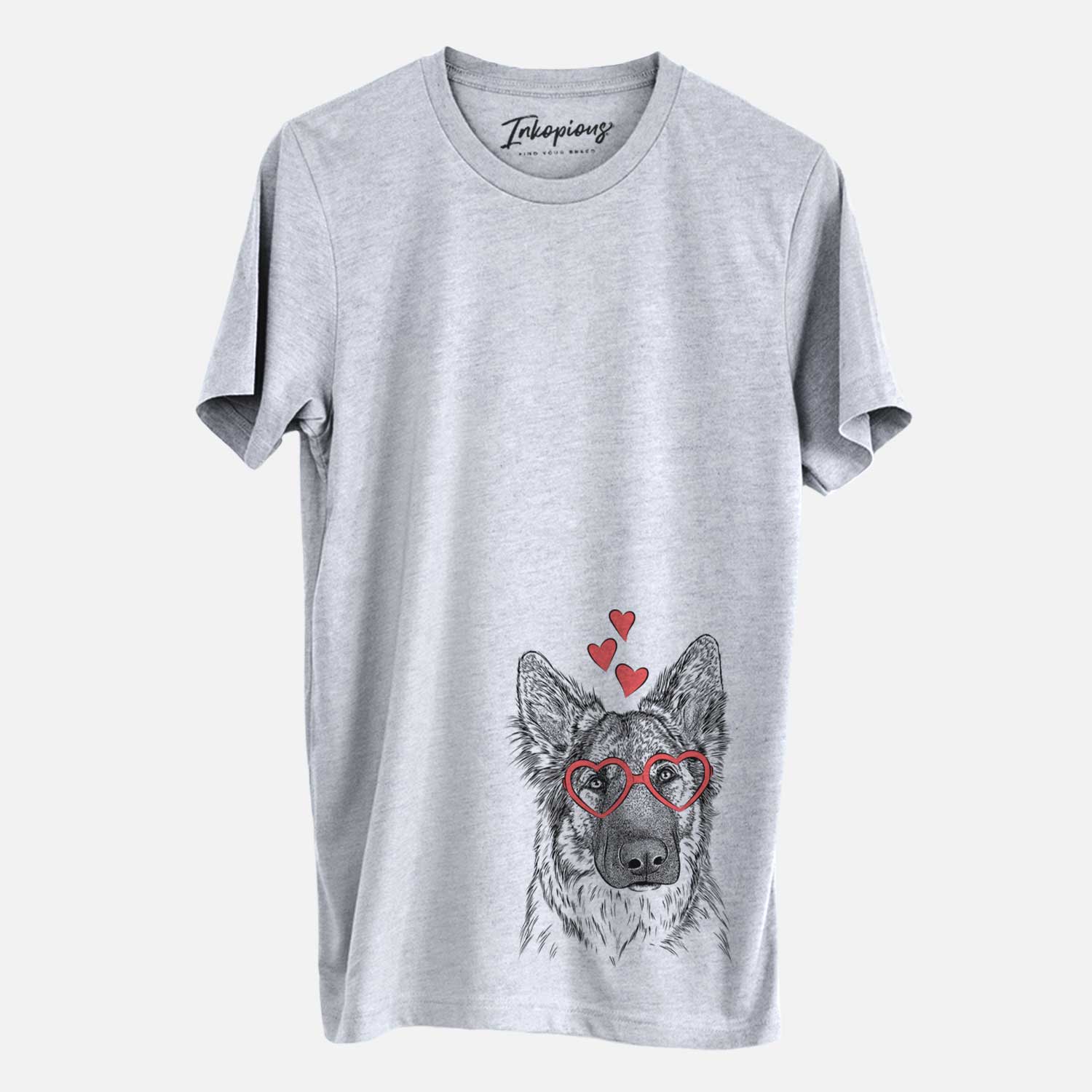 Hand-drawn sketch of Geddy the Shiloh Shepherd wearing heart-shaped glasses on a Grey Unisex crewneck